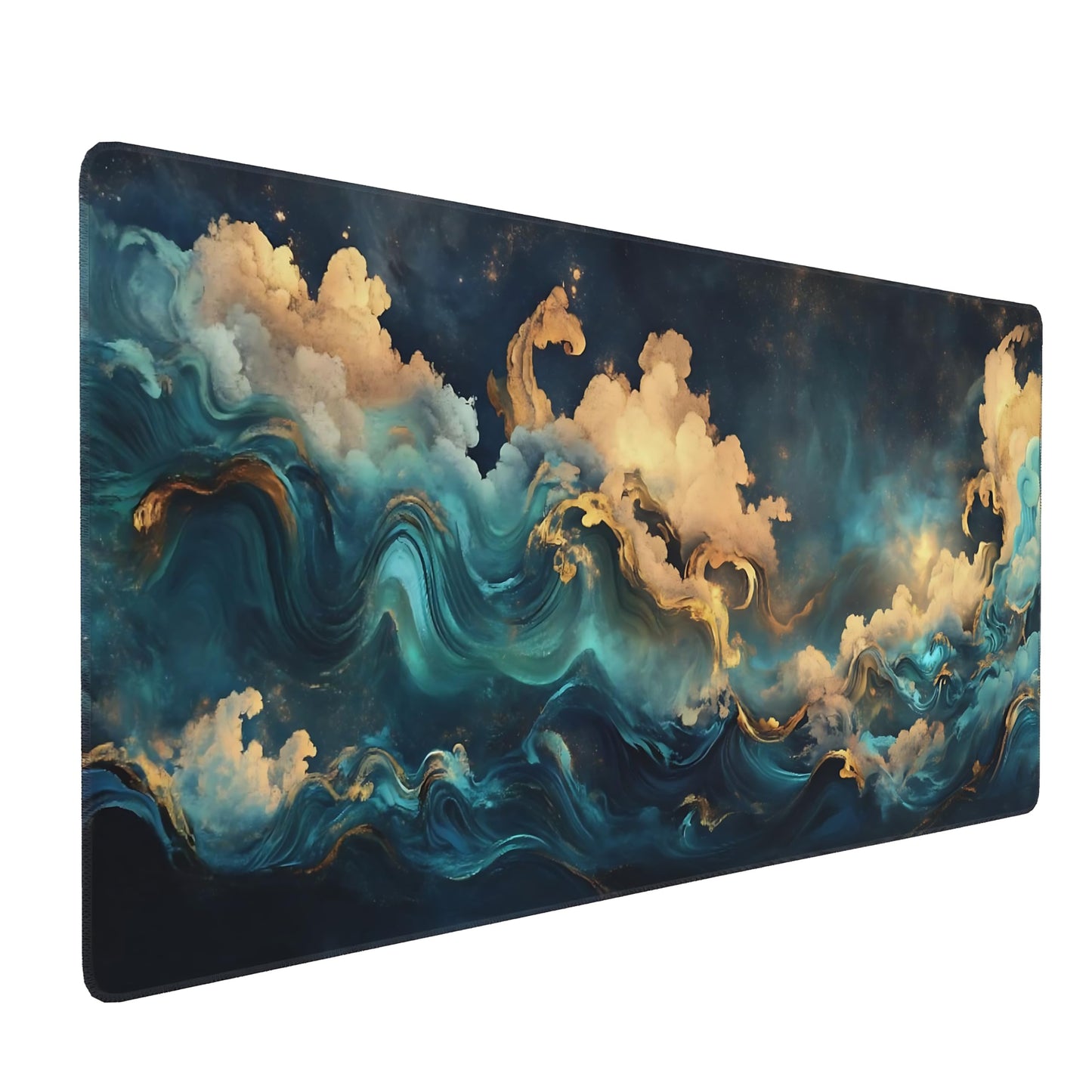 Aesthetic Cloud Gaming Mouse Pad, Deep Teal Ukiyo-e Desk Mat with Anti-Slip Base & Stitched