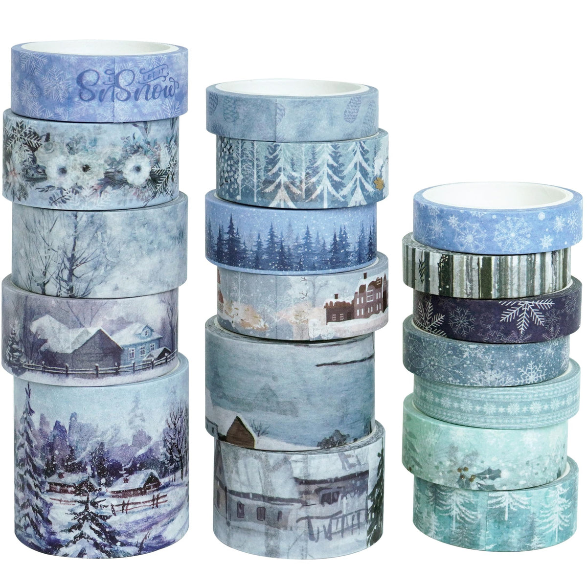 YUBX Winter Washi Tape Set 18 Rolls Landscaping Snow Embellishment Blue White Decorative Masking