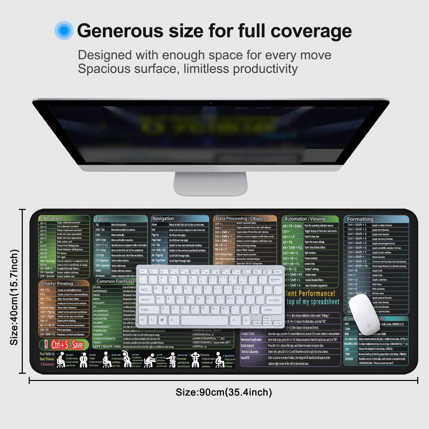 secret corner Mouse Pad with Excel Cheat Sheet Desk Pad, Large Waterproof Non-Slip Desk Mat with