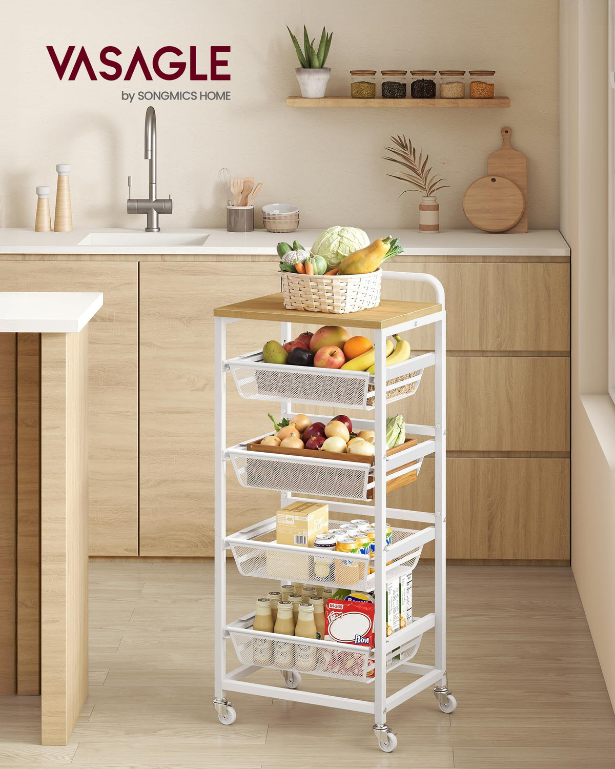 VASAGLE 5-Tier Storage Rolling Cart Organizer with Pull-Out Baskets