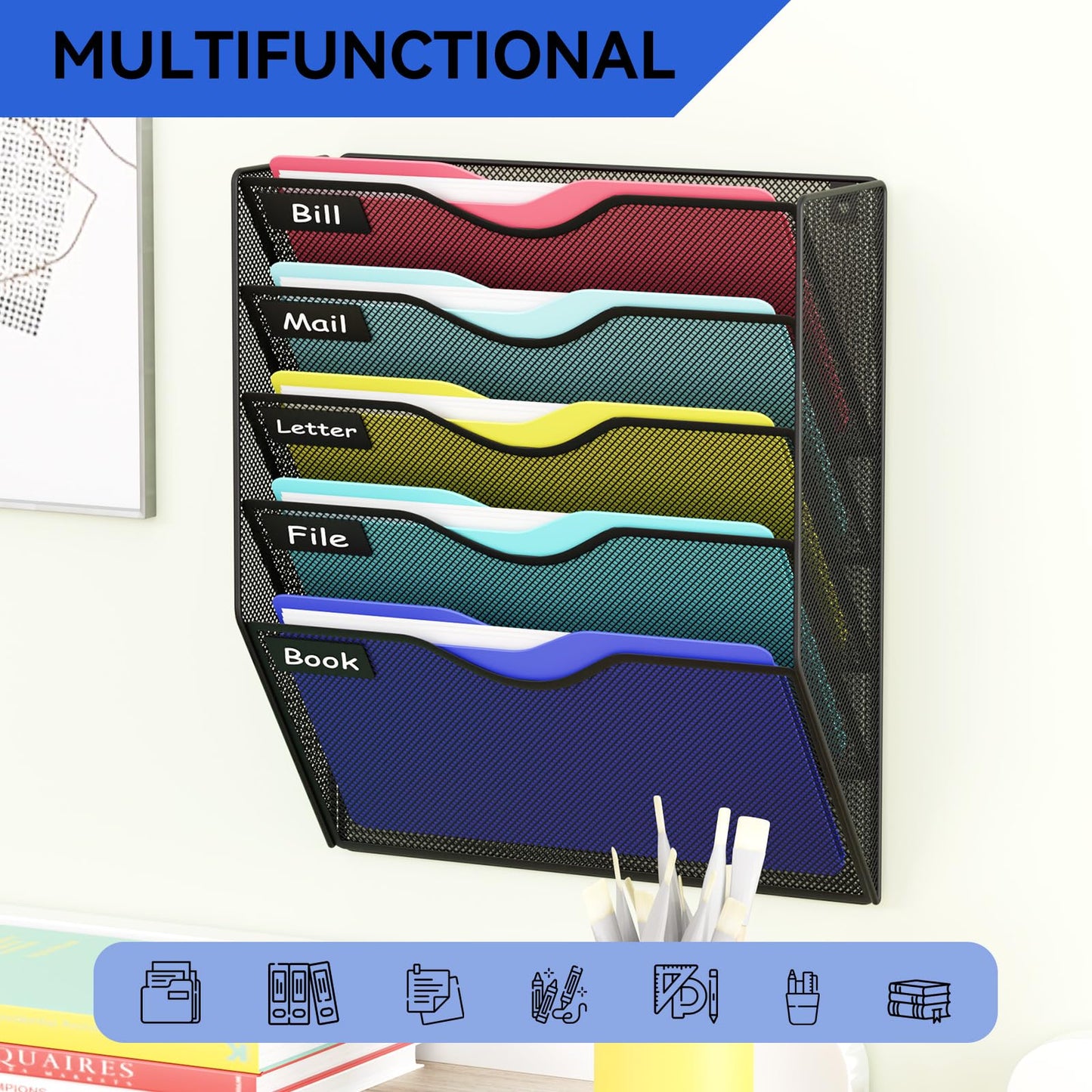 GDINDINFAN 5 Pockets Hanging Wall File Organizer Mail Holder, Wall Mounted Paper Document Folder
