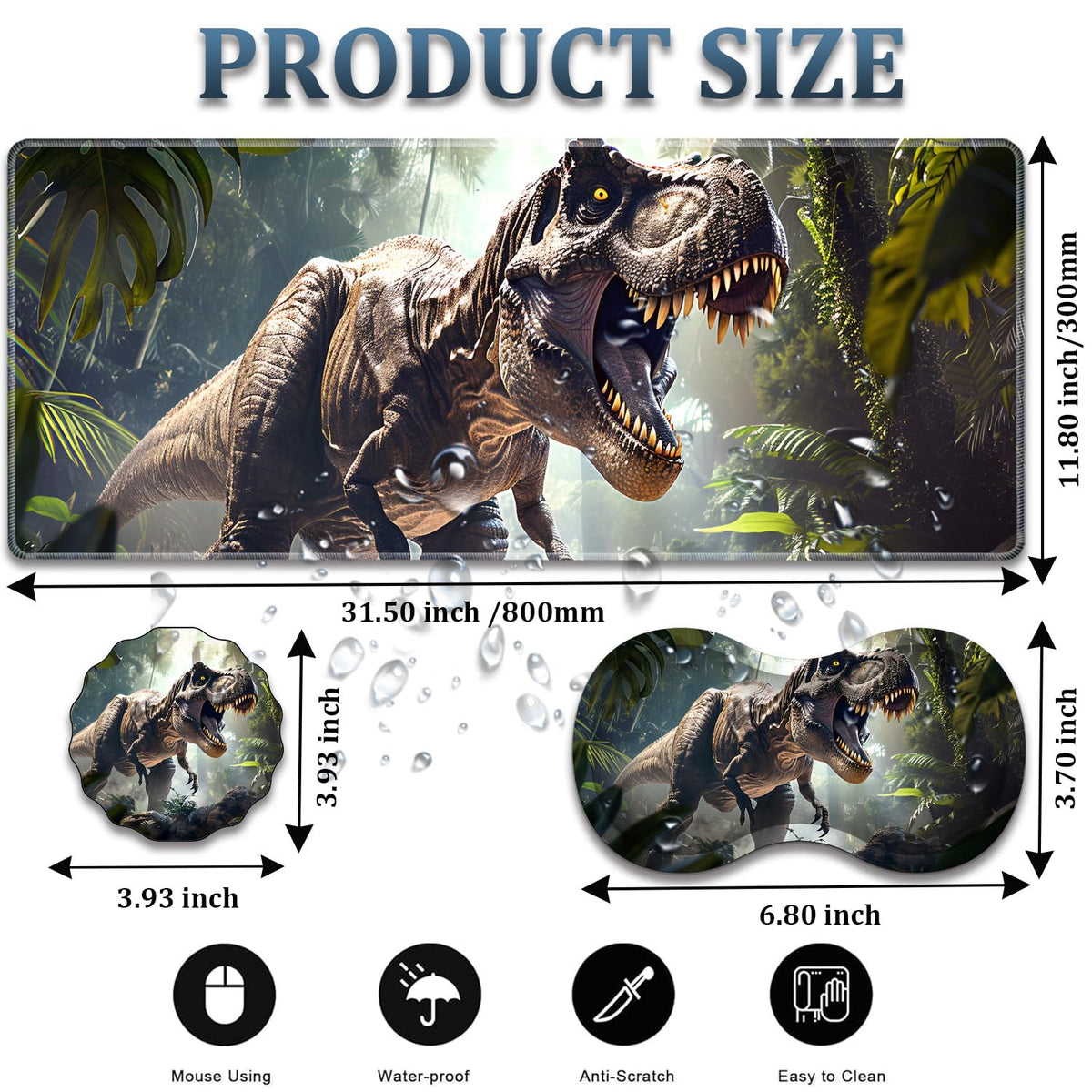 3-Piece Dinosaur T-Rex in Jungle Mouse Pad Set, Including Wrist Support Pad and Cup Holder, with