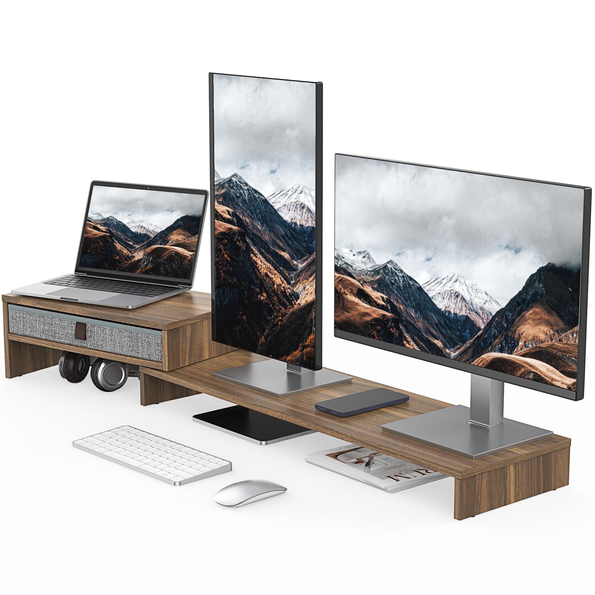 Fenge Triple Monitor Stand with Storage Drawer, Adjustable Length and Angle