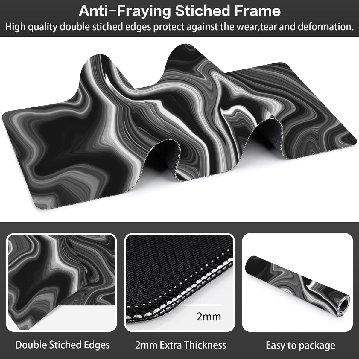 Black and White Marble Desk Mat,Large Marble Ink Texture Gaming Keyboard Mouse Pad,Non-Slip Rubber