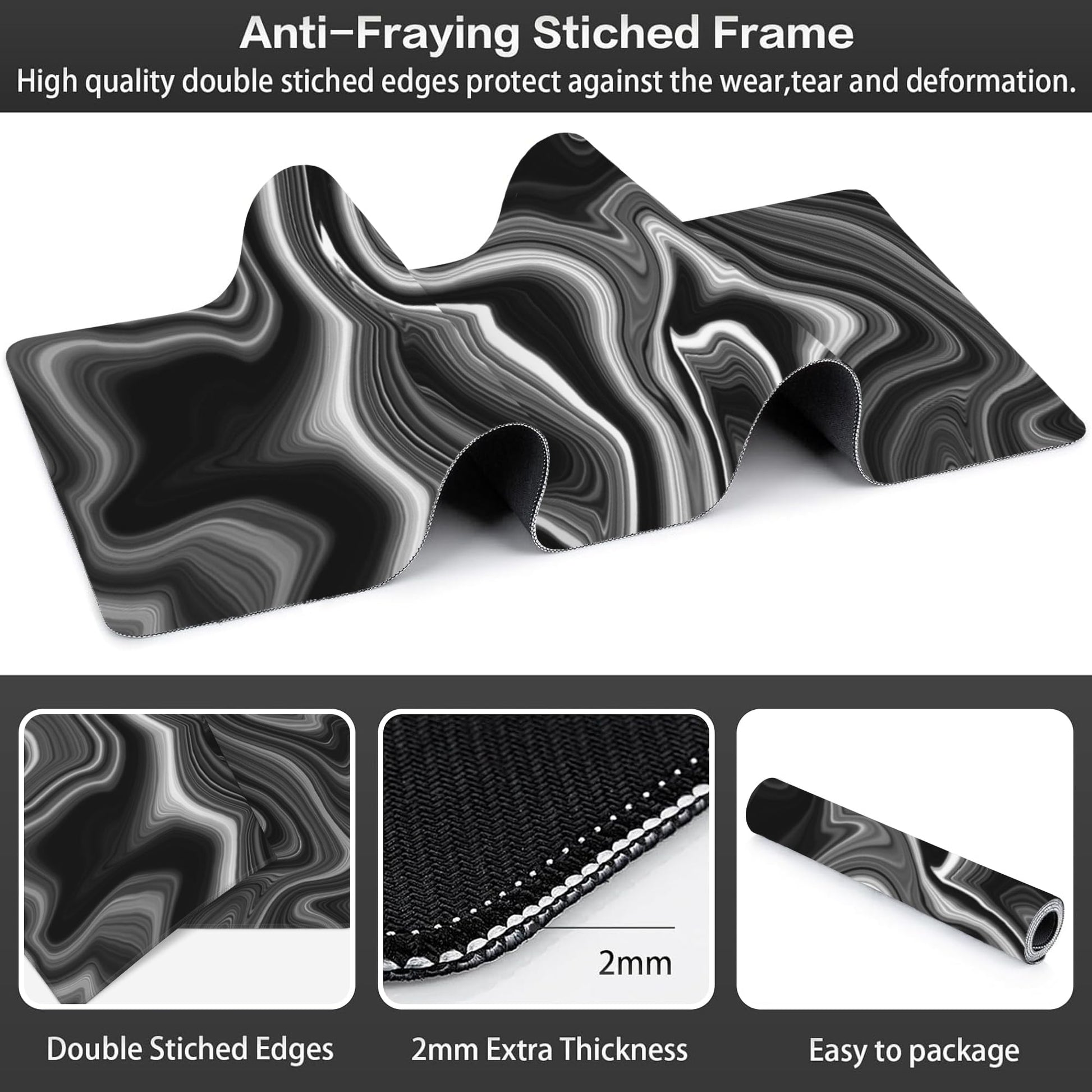 Black and White Marble Desk Mat,Large Marble Ink Texture Gaming Keyboard Mouse Pad,Non-Slip Rubber