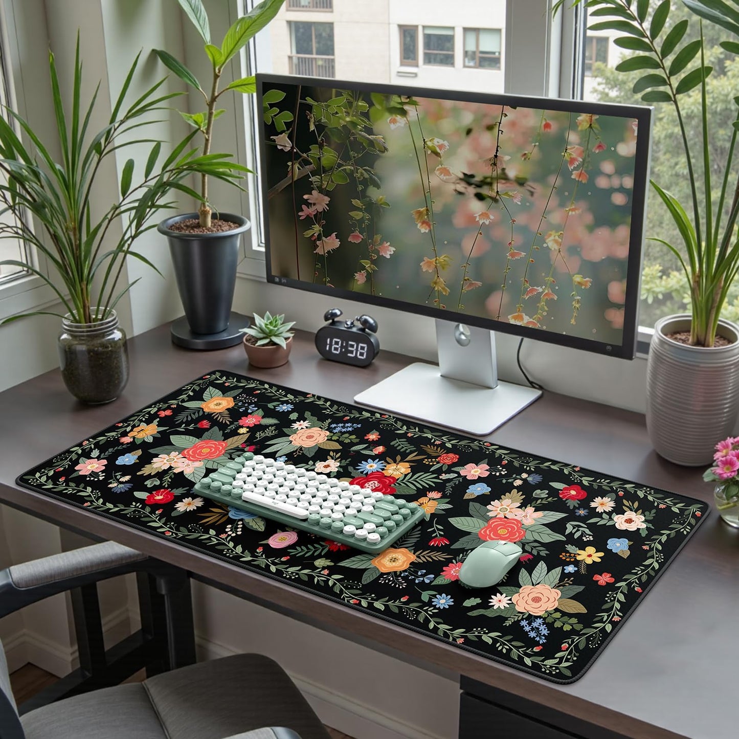 iCasso Desk Mat for Keyboard and Mouse,Cute Mouse Pad,Black Floral