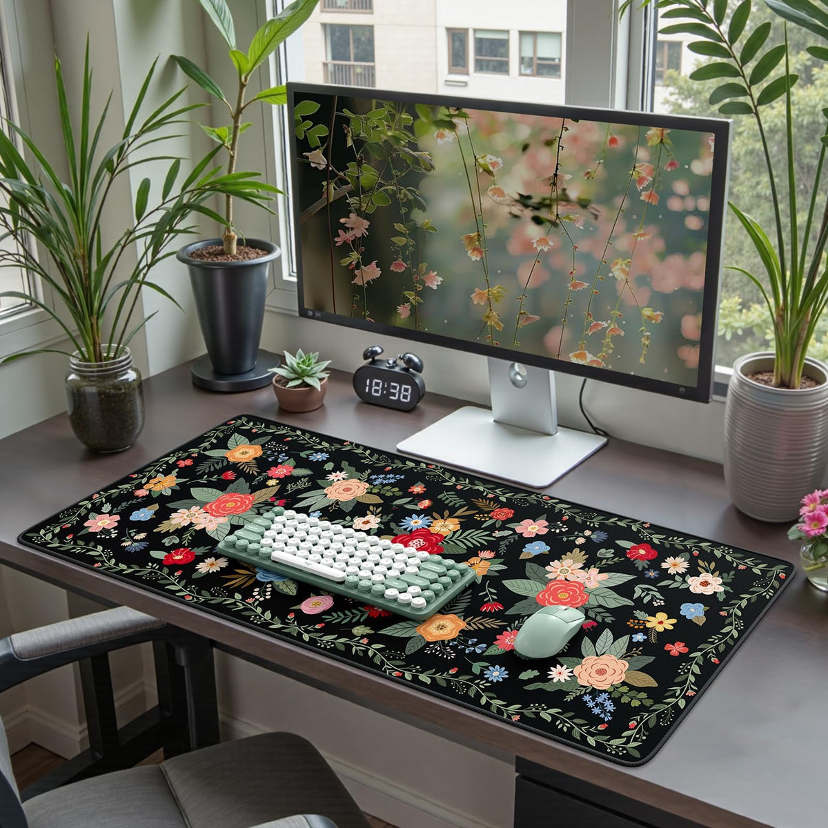 iCasso Desk Mat for Keyboard and Mouse,Cute Mouse Pad,Black Floral