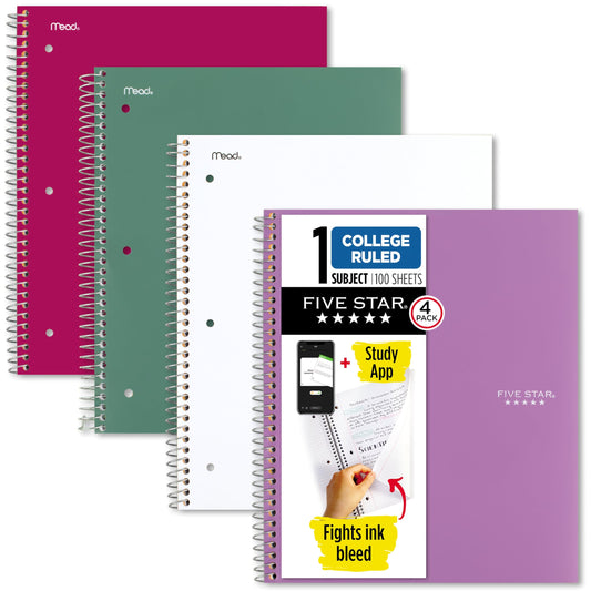Five Star Spiral Notebook + Study App, 100 Sheets, 1 Subject, College Ruled Paper, Fights Ink