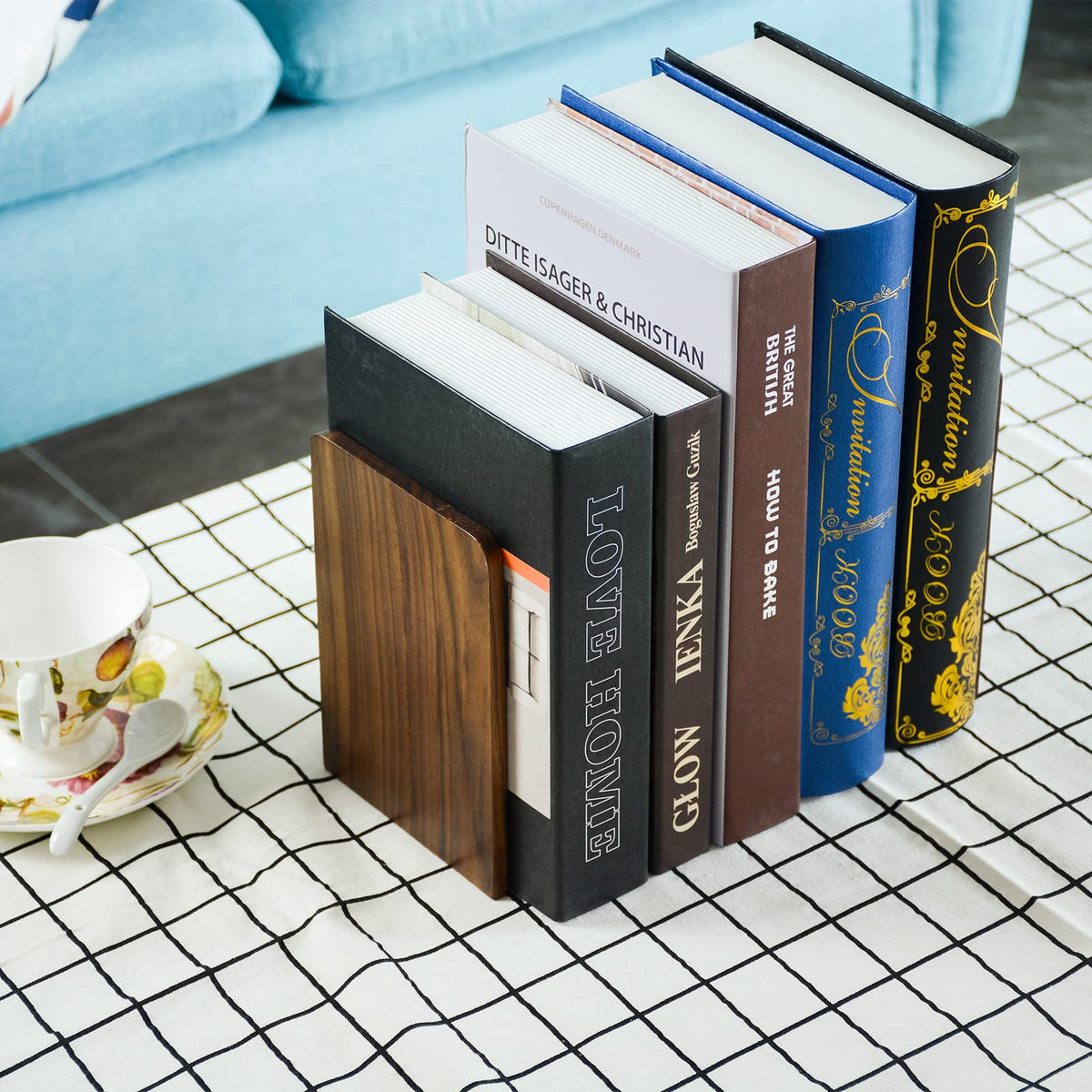 Large Bookend Hold Heavy Books-7x4x5in 3 Pack Non-Skid Wood Bookends Walnut