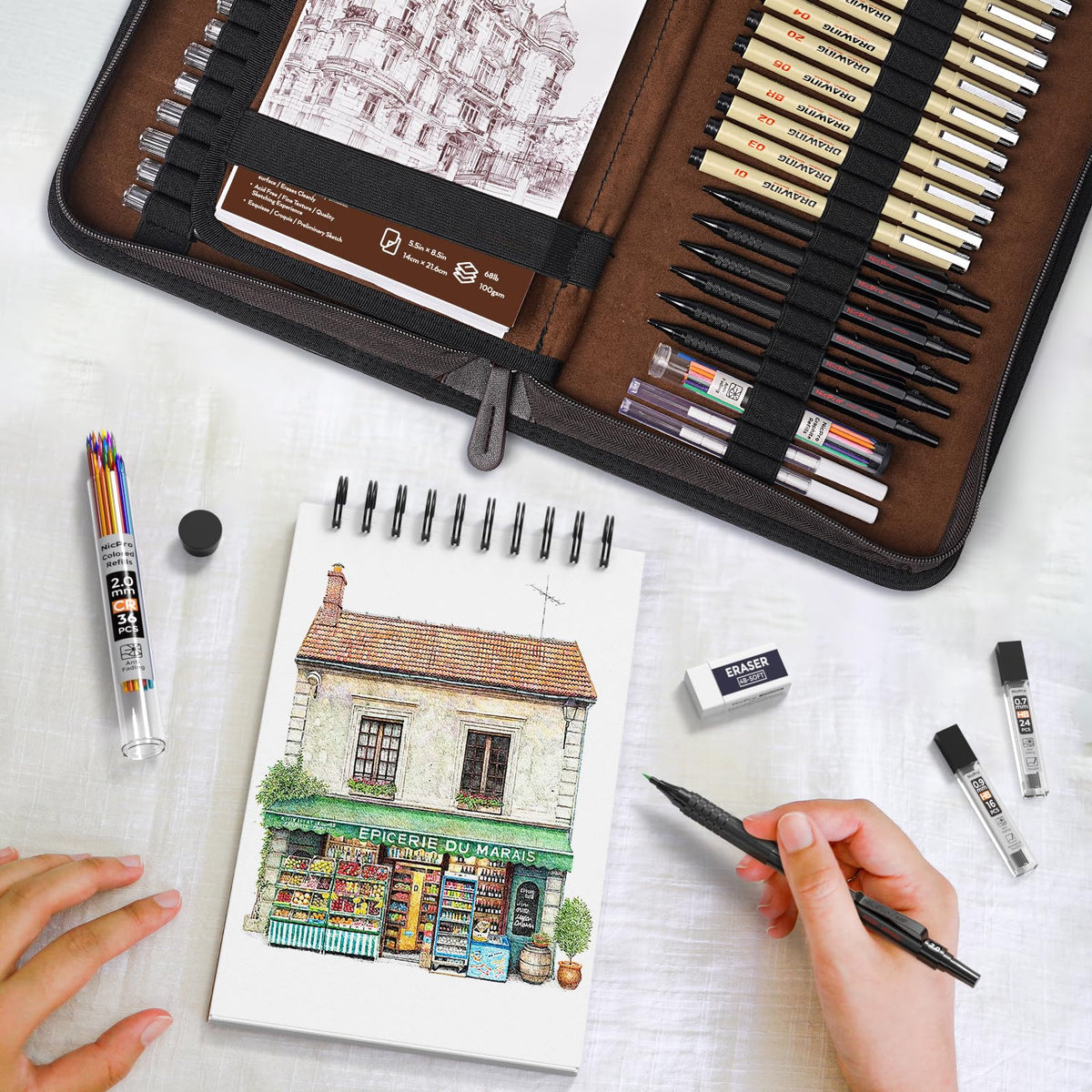 Nicpro 58PCS Art Drawing Supplies Kit in Leather Case,Pro Art Kit for Adult