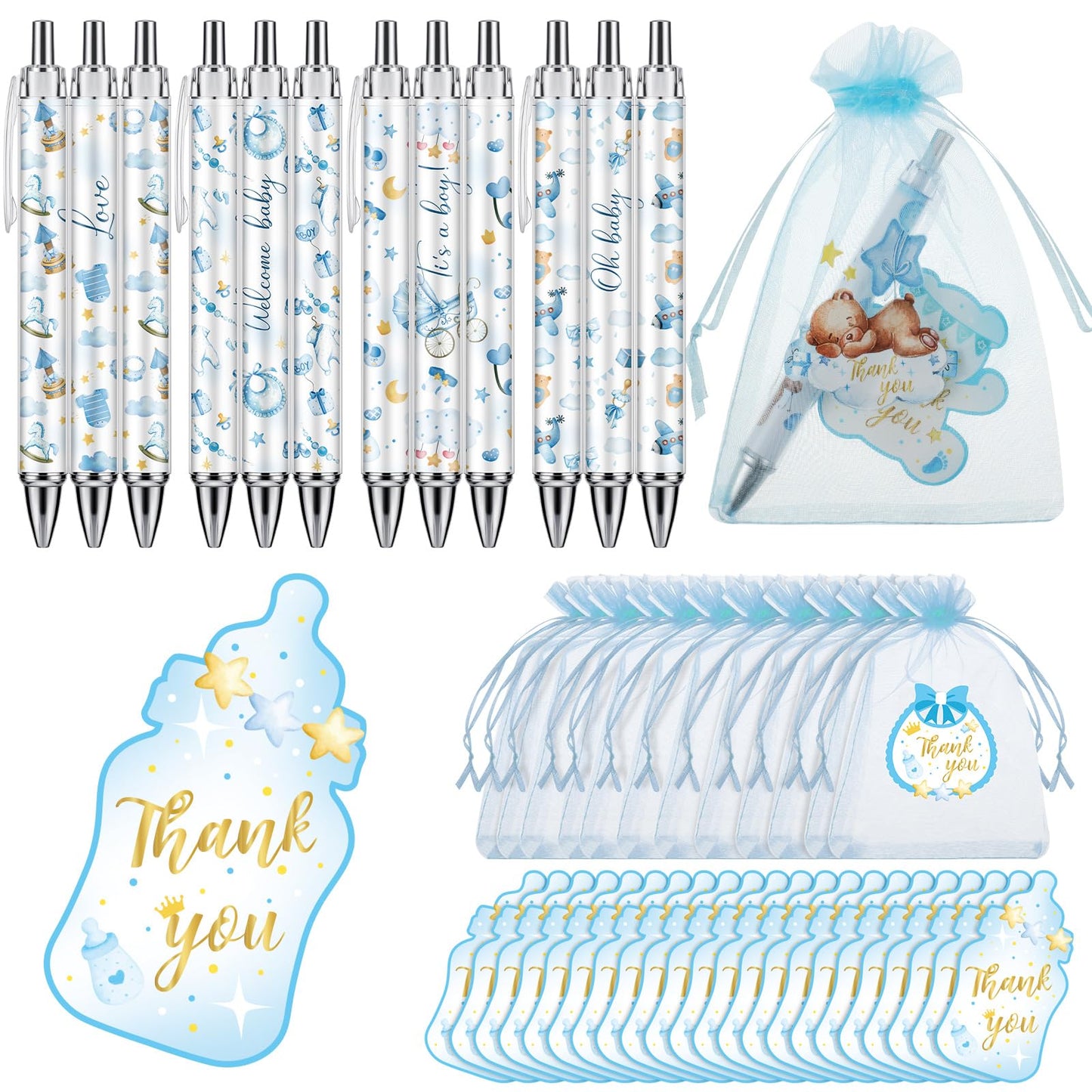 Chuangdi 50 Sets Boy Blue Shower Favors for Guests – 50 Ballpoint Pens with Organza Gift Bags &