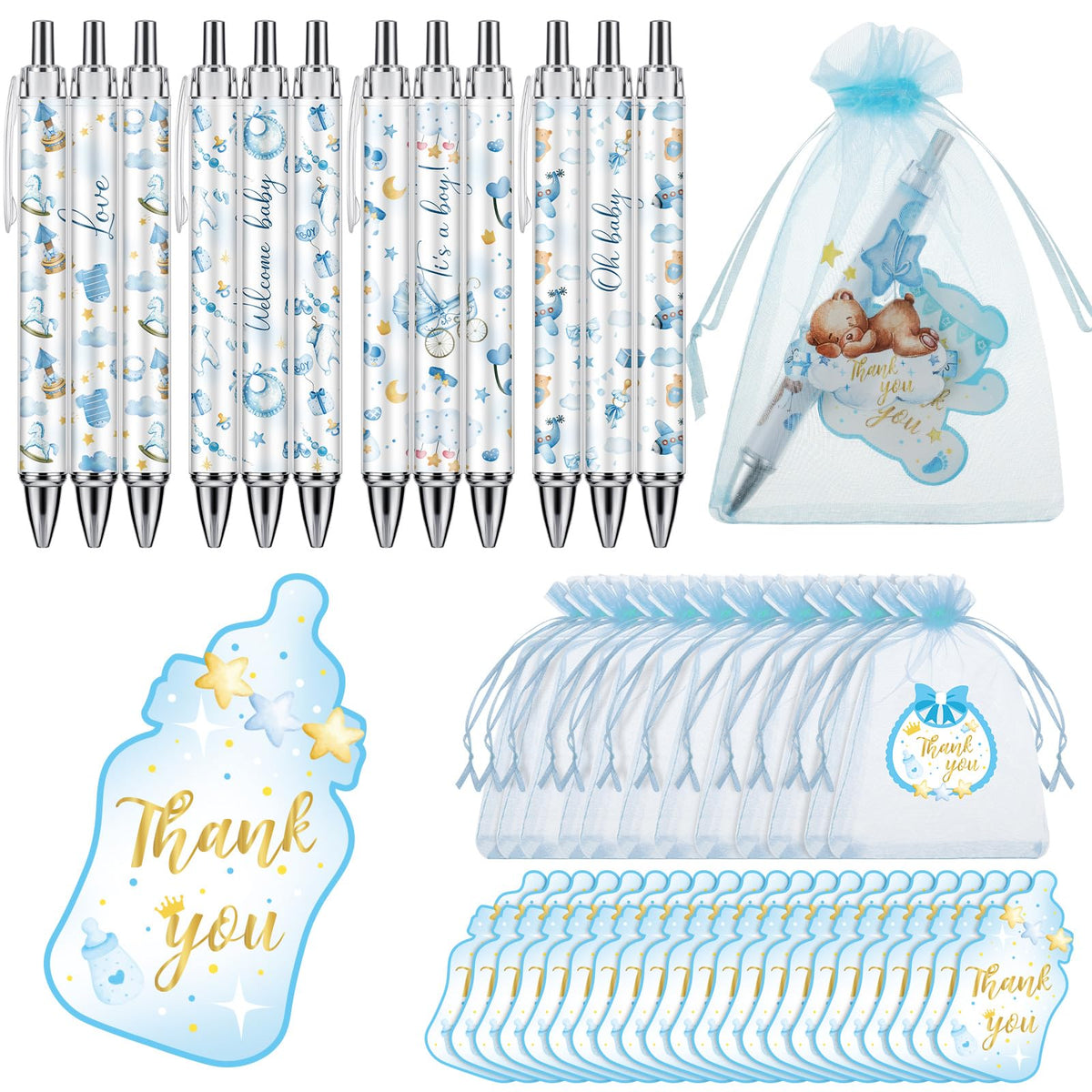 Chuangdi 50 Sets Boy Blue Shower Favors for Guests – 50 Ballpoint Pens with Organza Gift Bags &