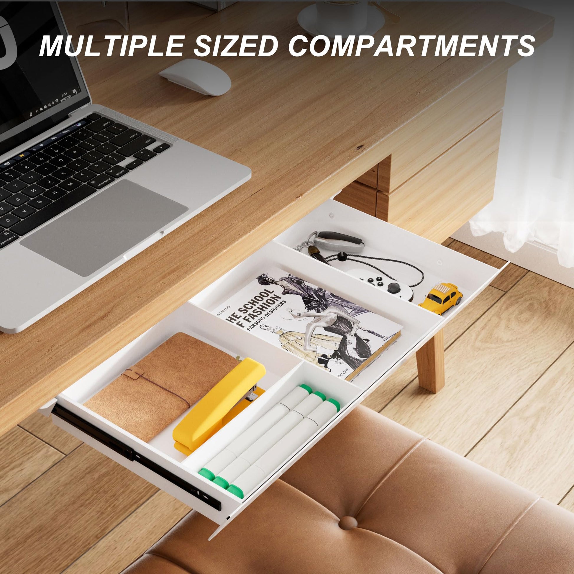 White Under Desk Drawer with Removable Tray, 22.4" Wide 2-in-1 Organizer – 60° Ergonomic Tilt