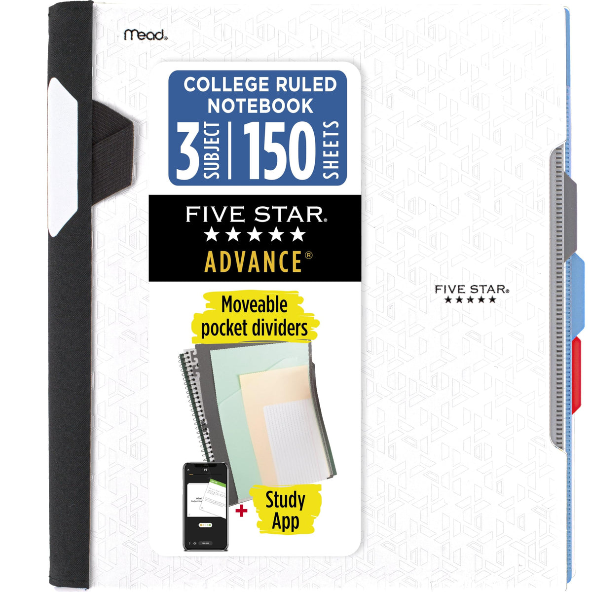 Five Star Advance Spiral Notebook + Study App, 3 Subject, College Ruled Paper, 8-1/2" x 11", 150