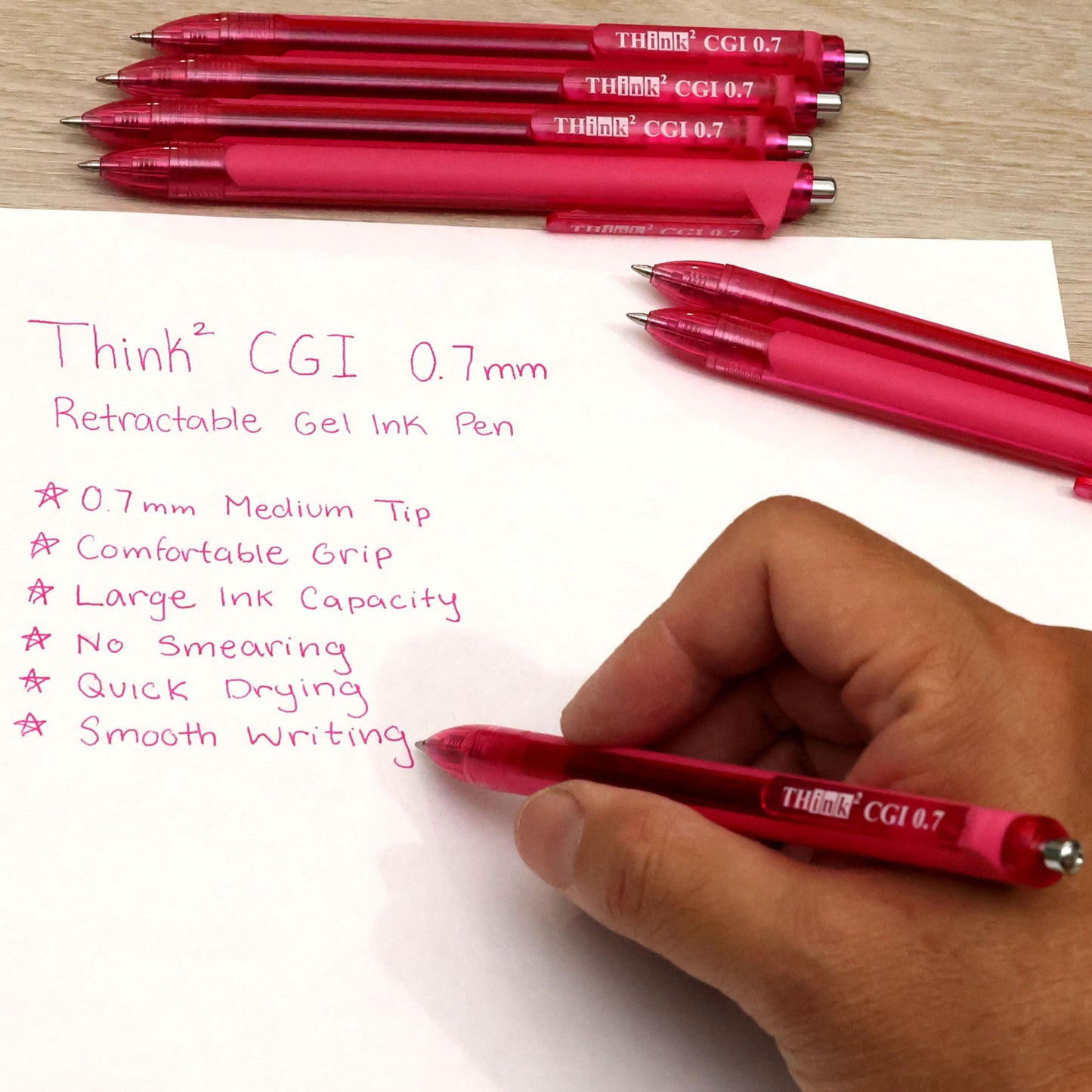 [24 Pens - Pink Ink] Think2 0.7mm CGI Retractable Gel Pens. (24 Pink) Medium Point Rollerball Pens