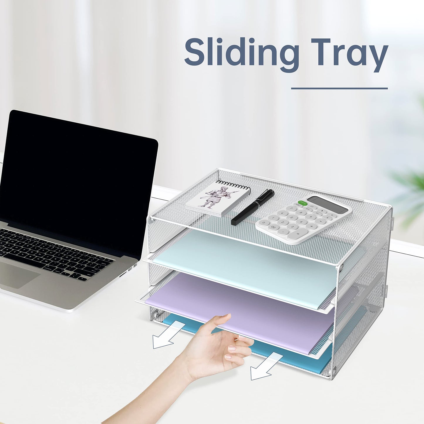 DALTACK 3 Tier Letter Tray Paper Organizer with Sliding Mesh Trays White
