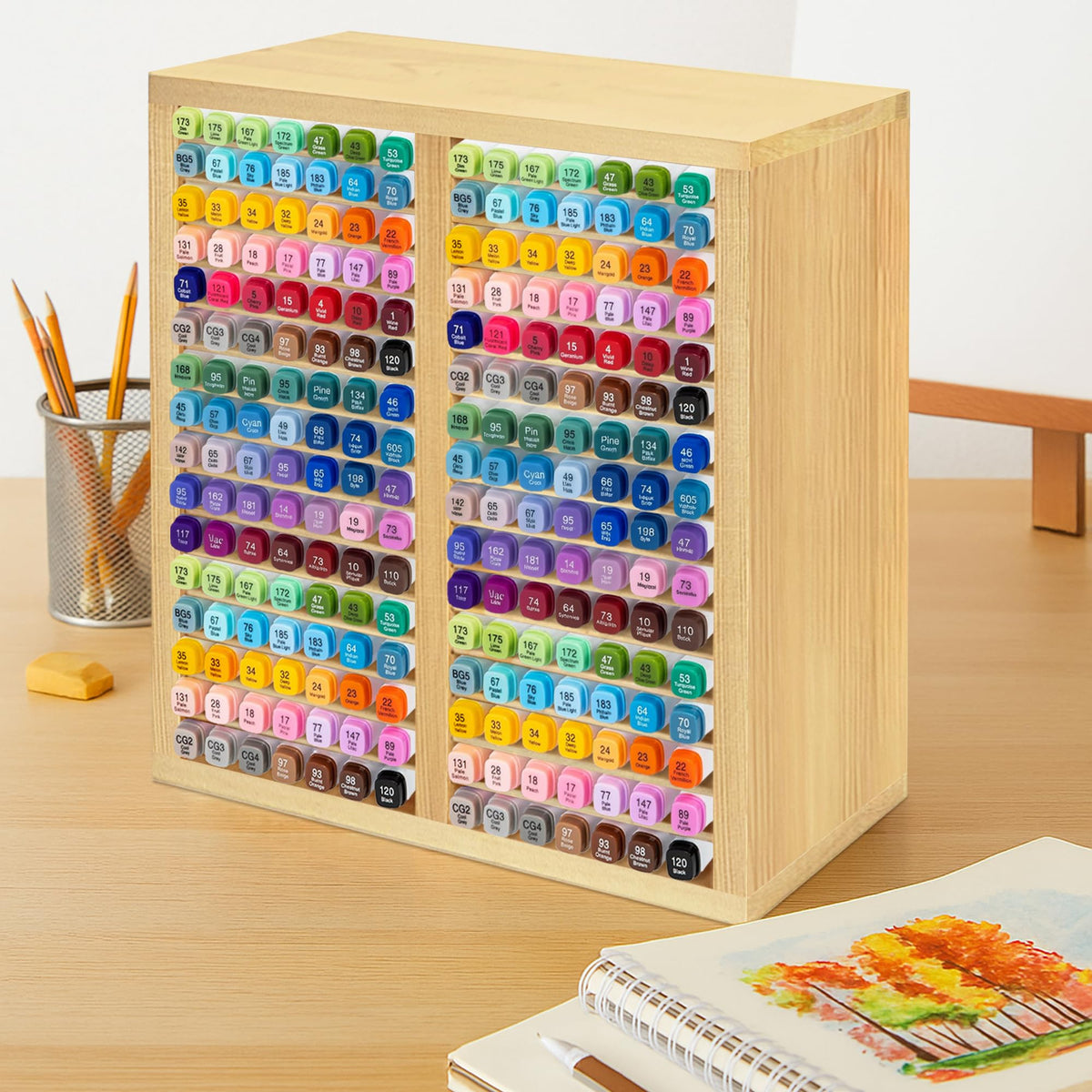 PROLEE Marker Organizer for 224 Markers, Wooden Alcohol Marker Holder with 32 Compartments