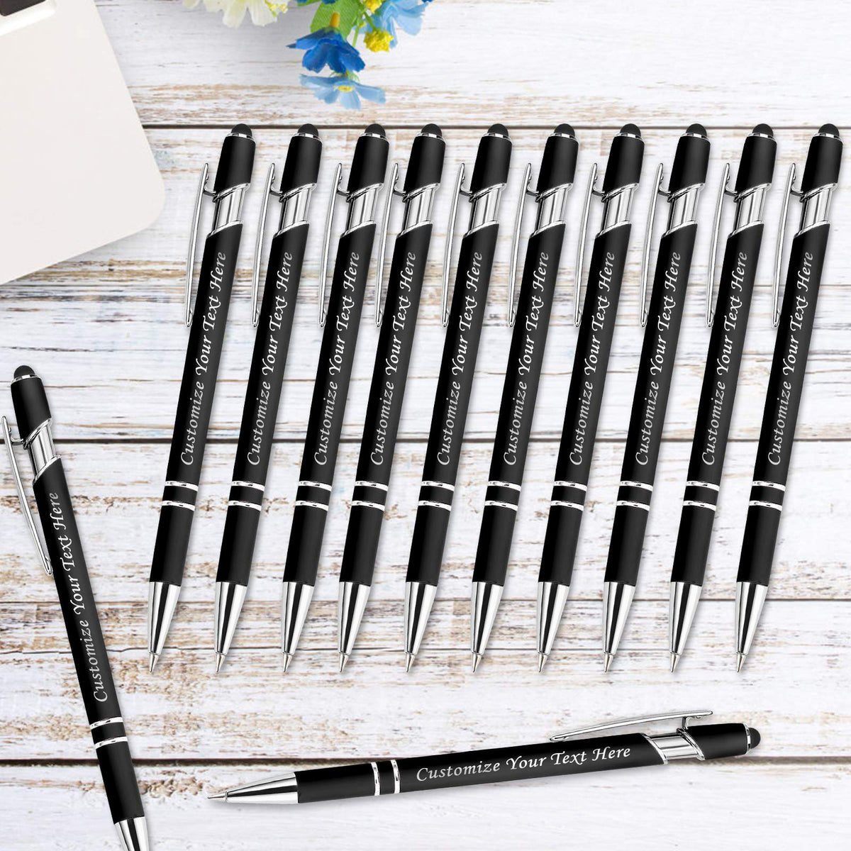 Personalized Pens with Stylus Tip, Custom Engraving Pens 12PCS, Soft Touch Ballpoint Pen, Printed