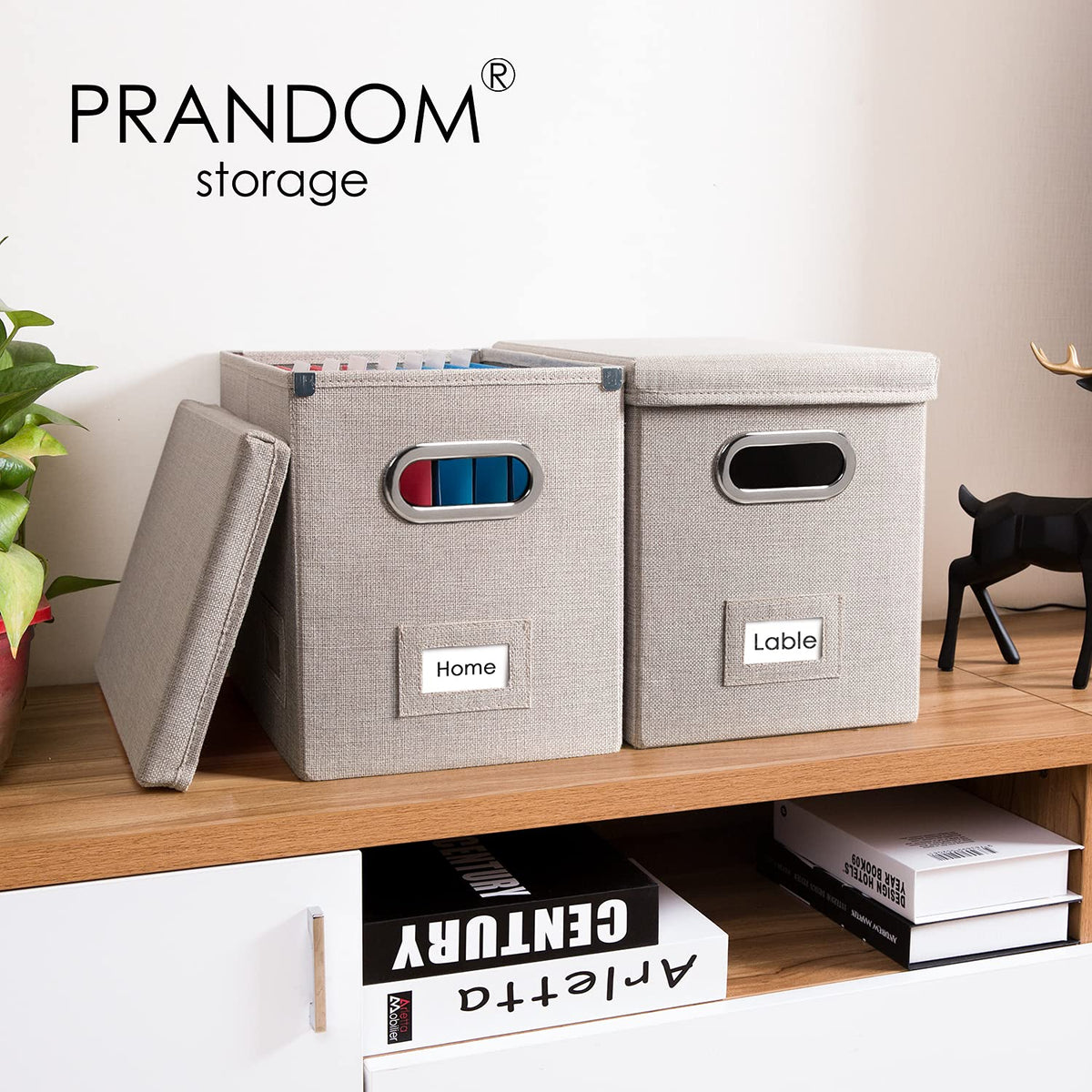 PRANDOM File Organizer Box - Set of 2 Collapsible Decorative Linen Filing Storage Hanging File