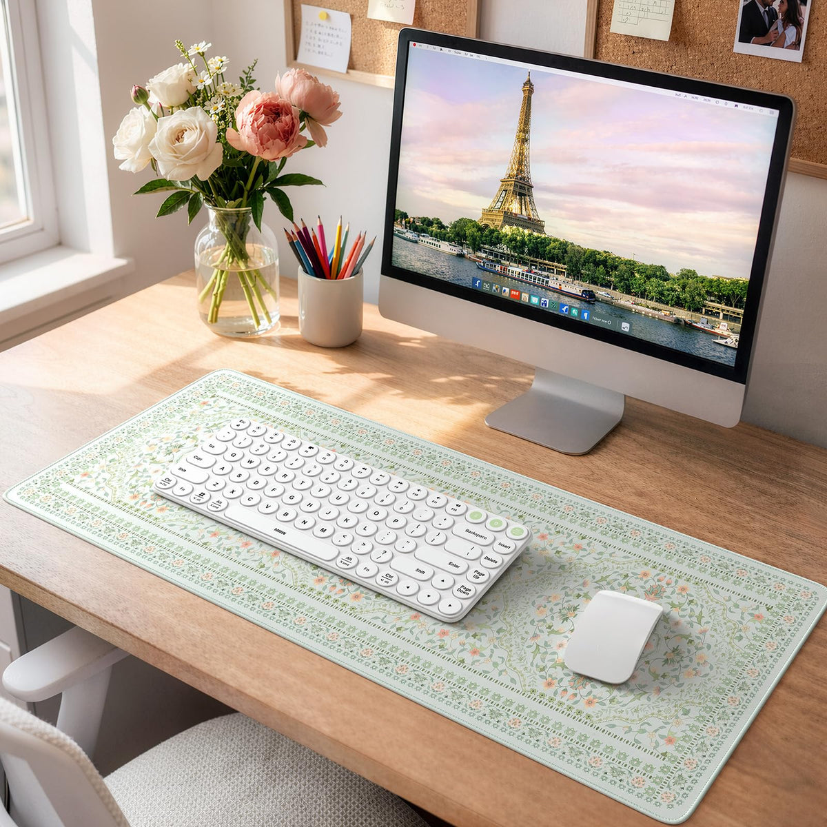 HAOCOO Light Green Floral Deskmat, 31.5" x 11.8" Mousepad for Dorm Room