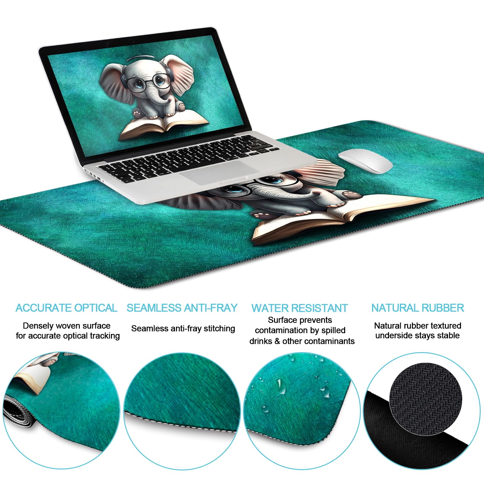 LIMKRIAN Large Desk Mat Set, Mouse Pad with Wrist Rest, Cute Elephant