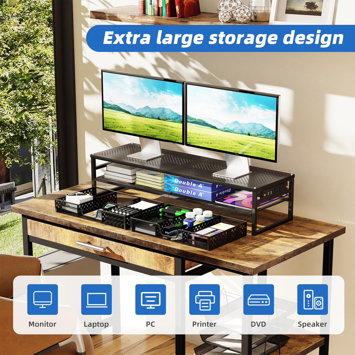 Simple Trending 2-Tier Metal Dual Monitor Stand with USB & 2 Drawers, Black