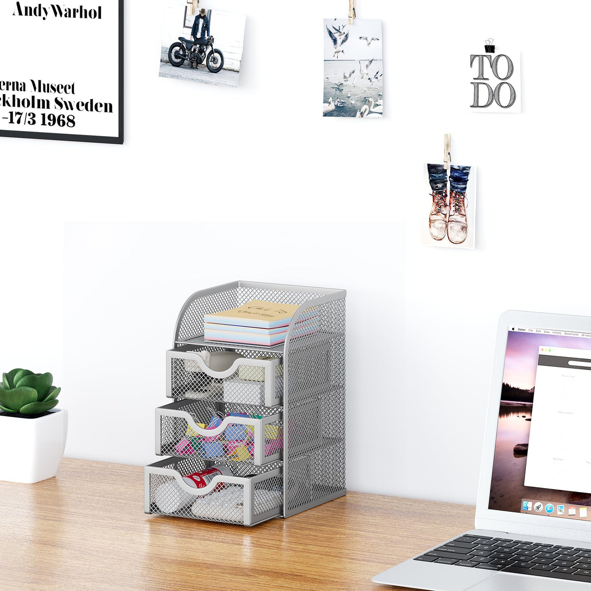 EasyPAG Mesh Desk Organizer with 3 Drawer Office Desktop Organizers and Accessories Stationery