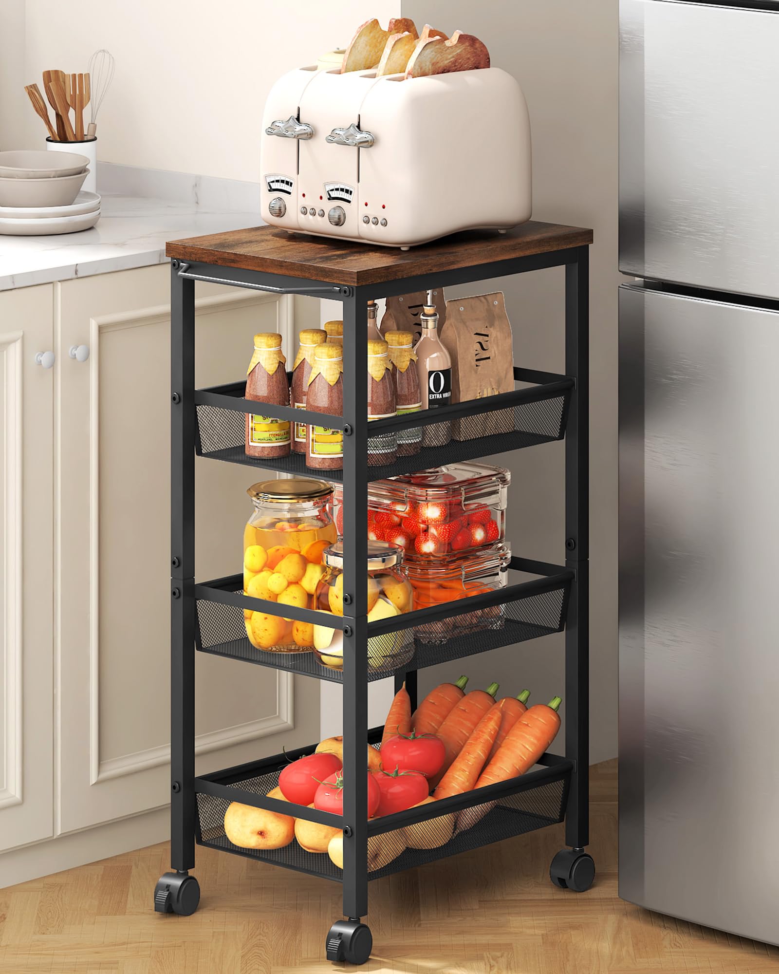 Hoctieon Rolling Storage Cart, 4-Tier 11.8" Wide Panel Kitchen Storage Cart, Utility Carts with