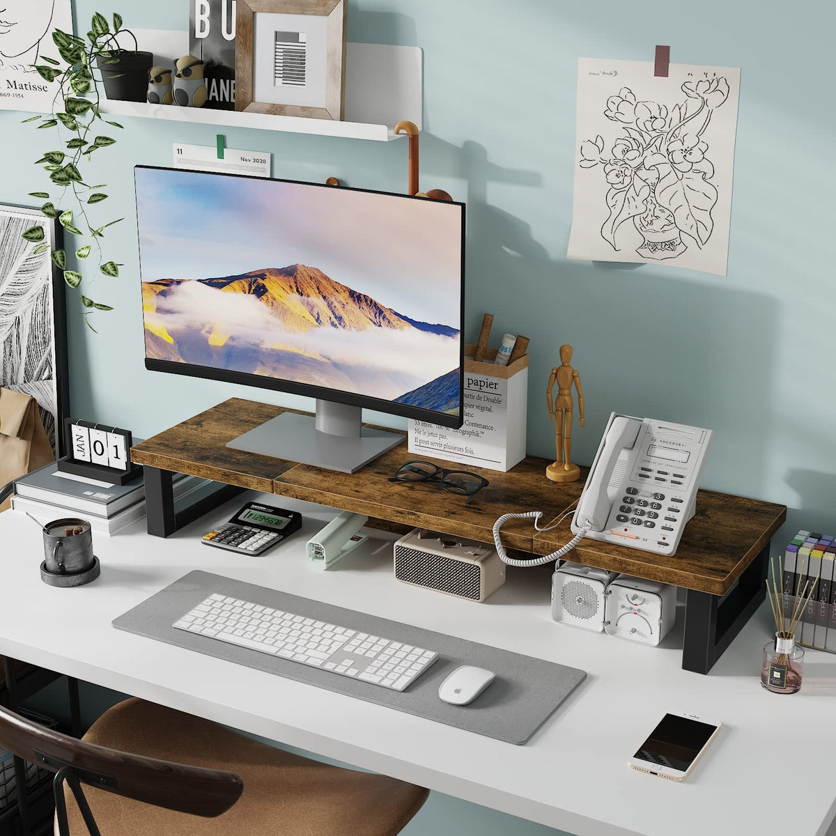 WESTREE Dual Monitor Stand Riser, Wood and Steel Monitor Stand Riser, Computer Monitor Stand for 2