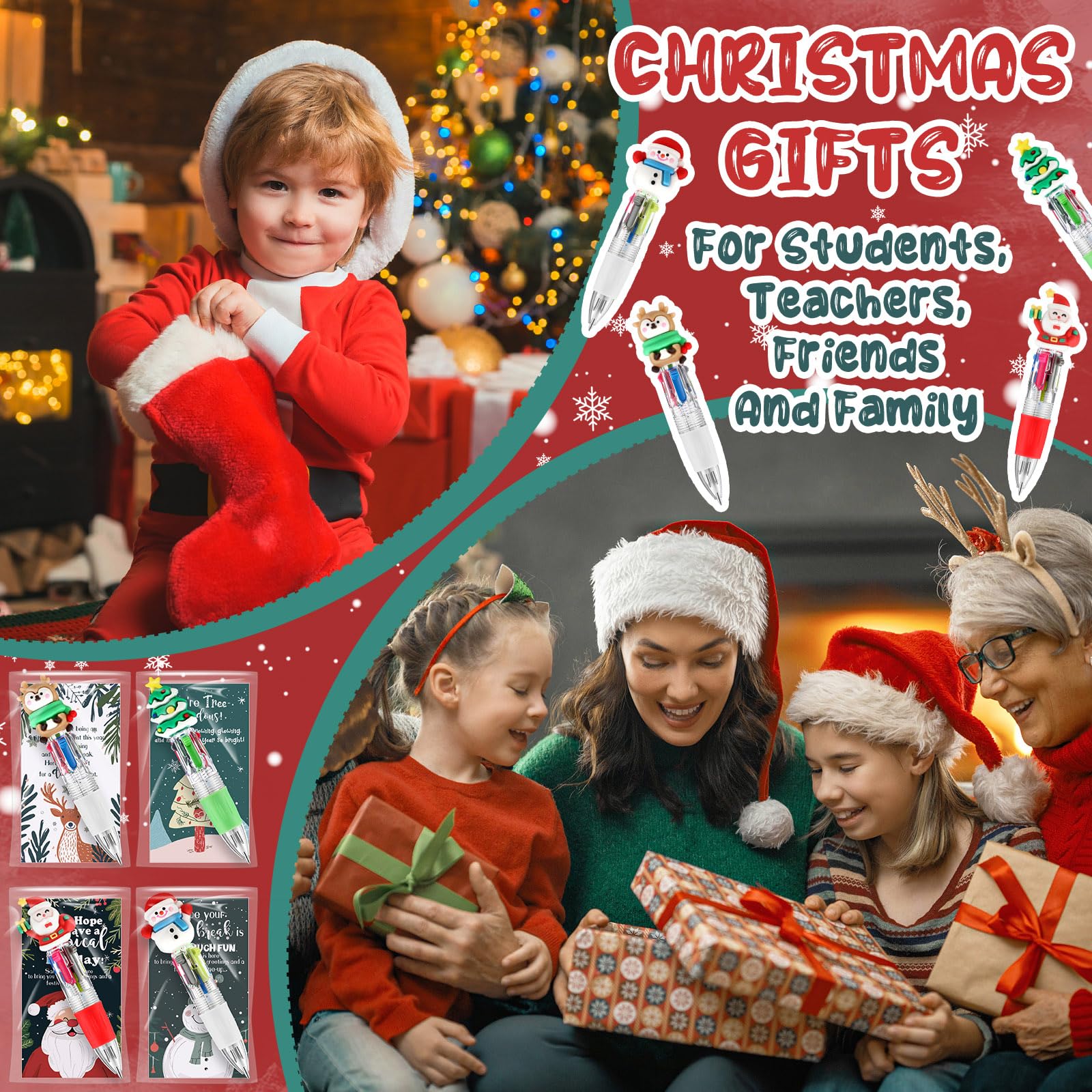 Sayglossy 48 Sets Christmas Pens Bulk, 4-in-1 Multicolor Pens with Cards