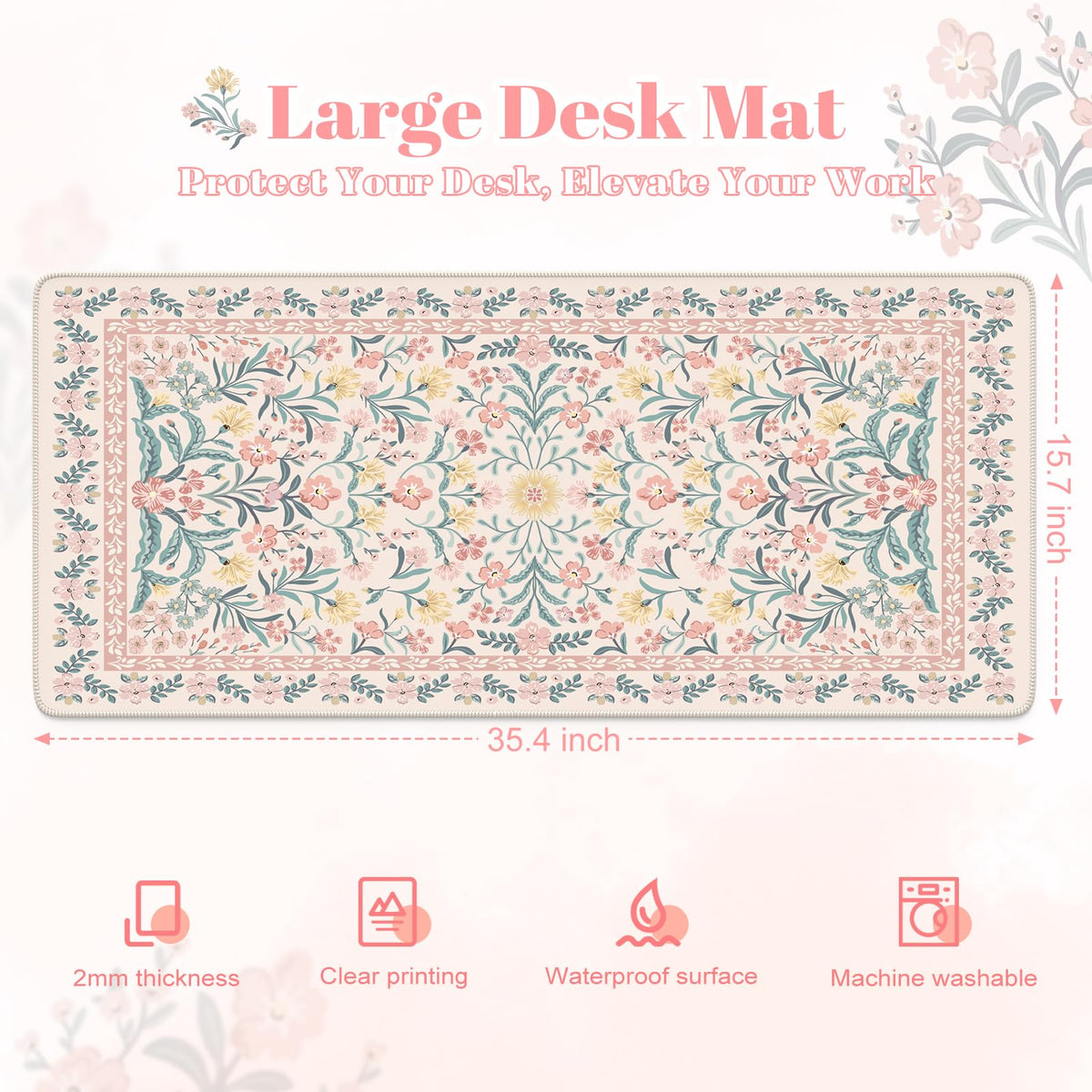 HAOCOO Large Desktop Pad for Keyboard Mouse, Non-Slip Floral Desk Mat(Pink)