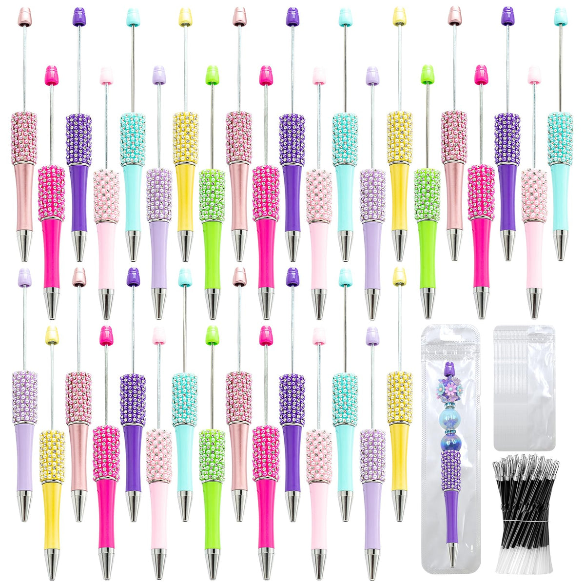 DASTTUIS 150 Pcs DIY Diamond Beadable Pen Kit - 50 Plastic Rhinestone Beaded Pens Bulk with Refills