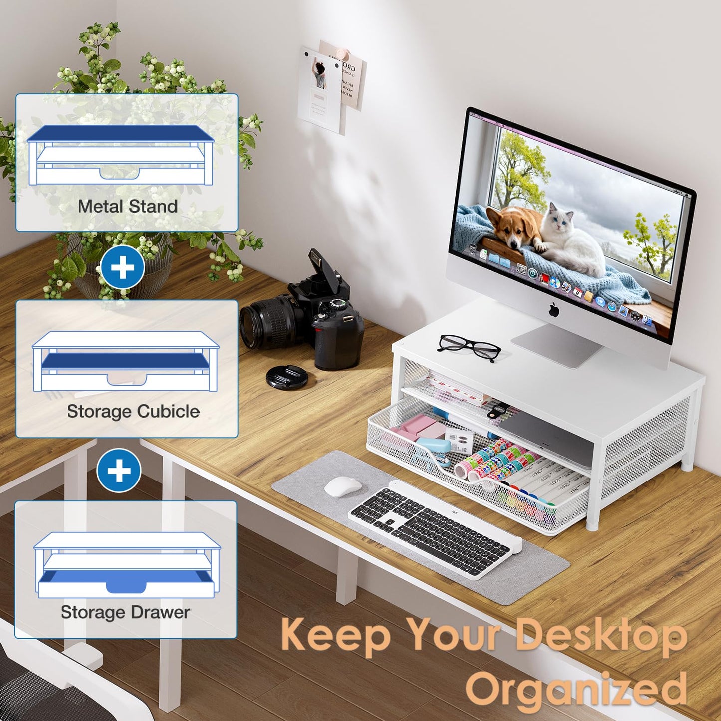 OPNICE Computer Monitor Stand Riser, Desk Organizer with Drawer, Printer & Laptop Stand, Office