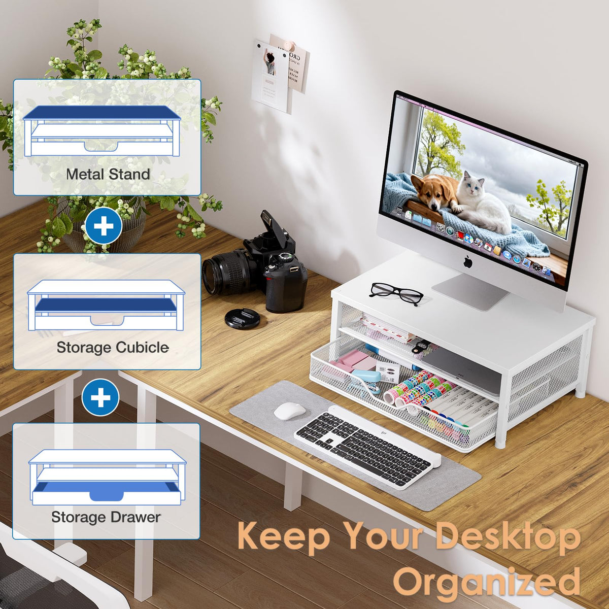 OPNICE Computer Monitor Stand Riser, Desk Organizer with Drawer, Printer & Laptop Stand, Office
