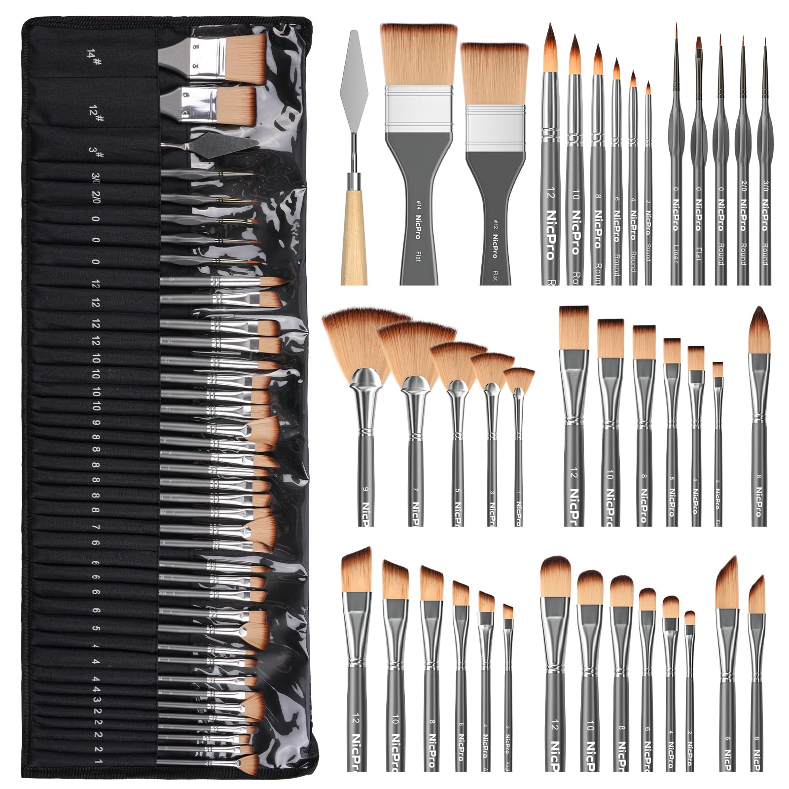 Nicpro 40 PCS Paint Brush Set, Professional Acrylic Paint Brushes