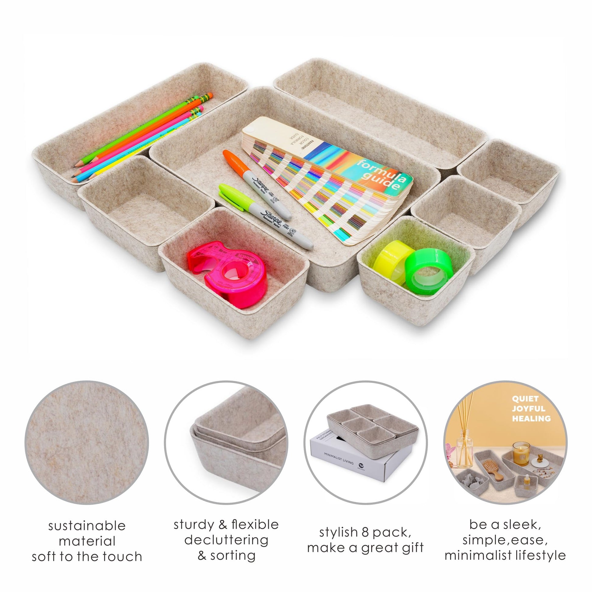 Welaxy 8pc Nordic Felt Desk Drawer Organizer Tray Beige Oatmeal Storage Bin