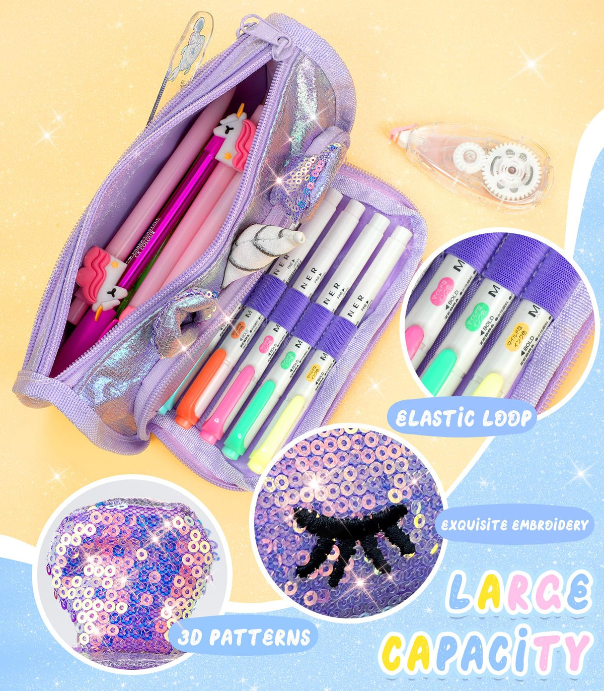 LISEVO Cute Pencil Case, 3D Pencil Pouch for Girls Kids, Sparkly Pencil Bag with Sequins for