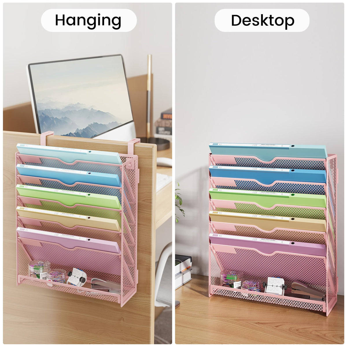 Kinkota Pink Desk Organizer, Hanging Wall File Organizer with 6 Tiers