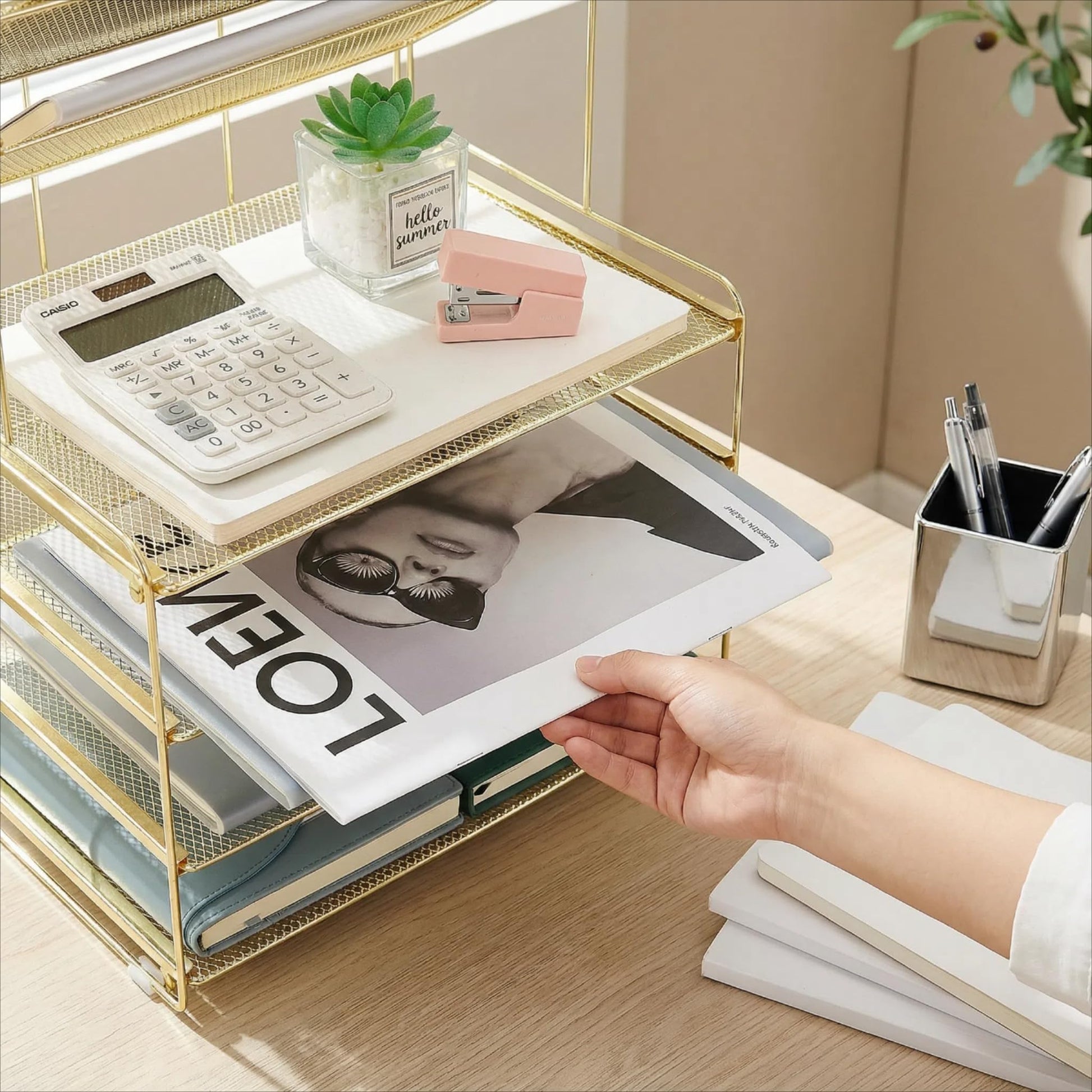 OPNICE Desk Organizer, 6-Tier Paper Organizer Letter Tray, Gold
