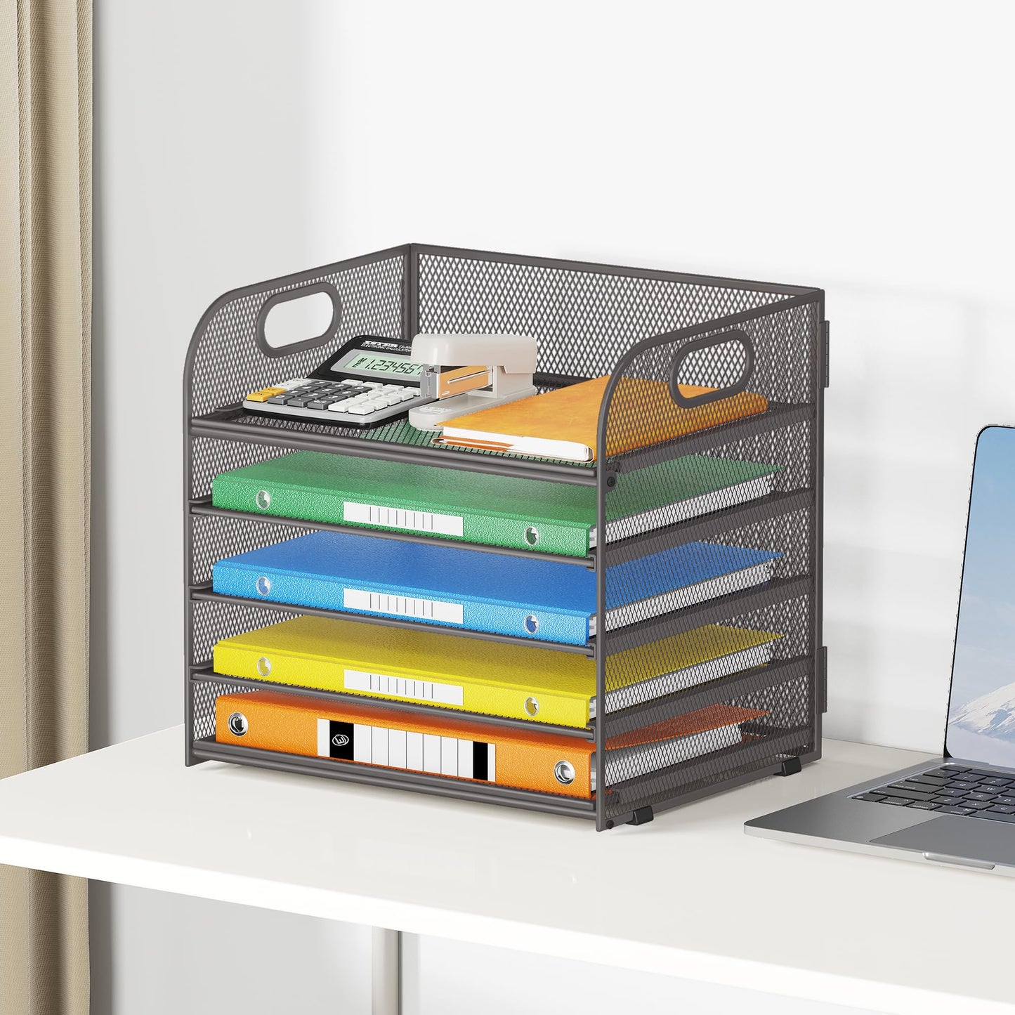 Lavatino 5 Tray Desk File Organizer, Mesh Paper Sorter Letter Tray Organizer with Handle, Desktop