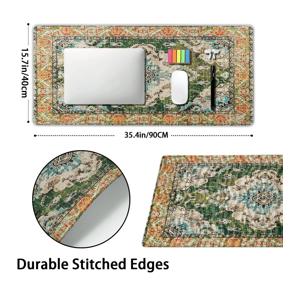 Vintage Rug Mouse Pad XXL Green Orange Retro Carpet Aesthetic Extended Table Mat 90X40 cm Non-Slip