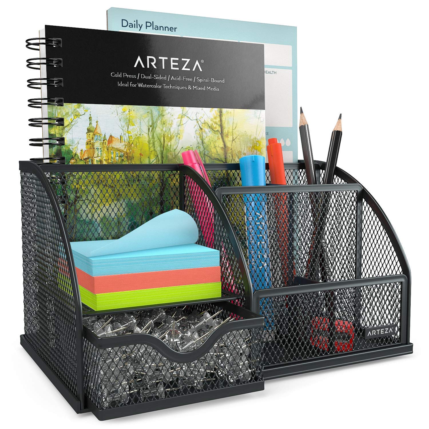 Arteza Mesh Metal Office Desk Organizer with Drawer, 6-Compartment Multi-Functional Design Holds