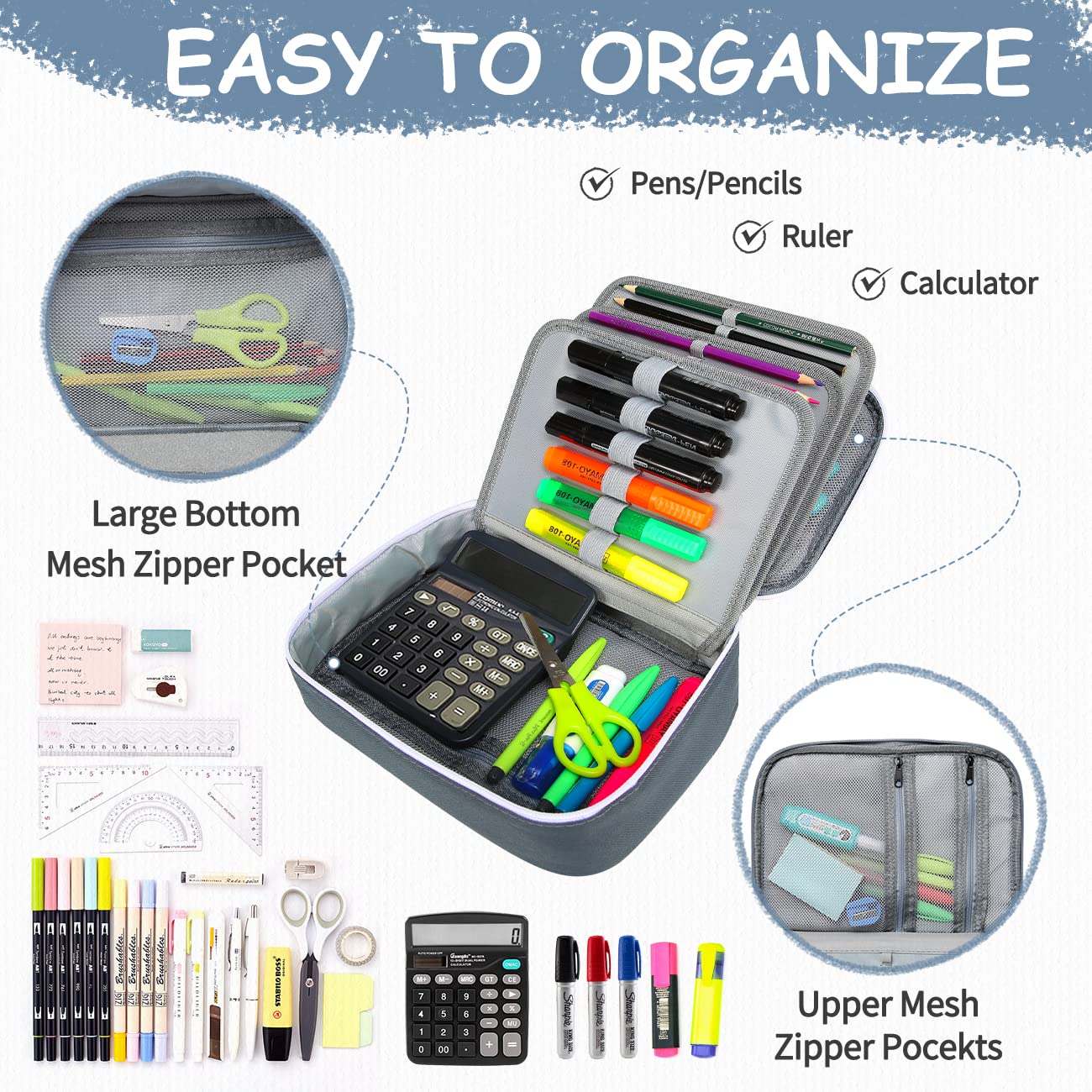 VASCHY Large Pencil Case, Art Color Pencils Pouch with Detachable Layers Multiple Zip Pockets for