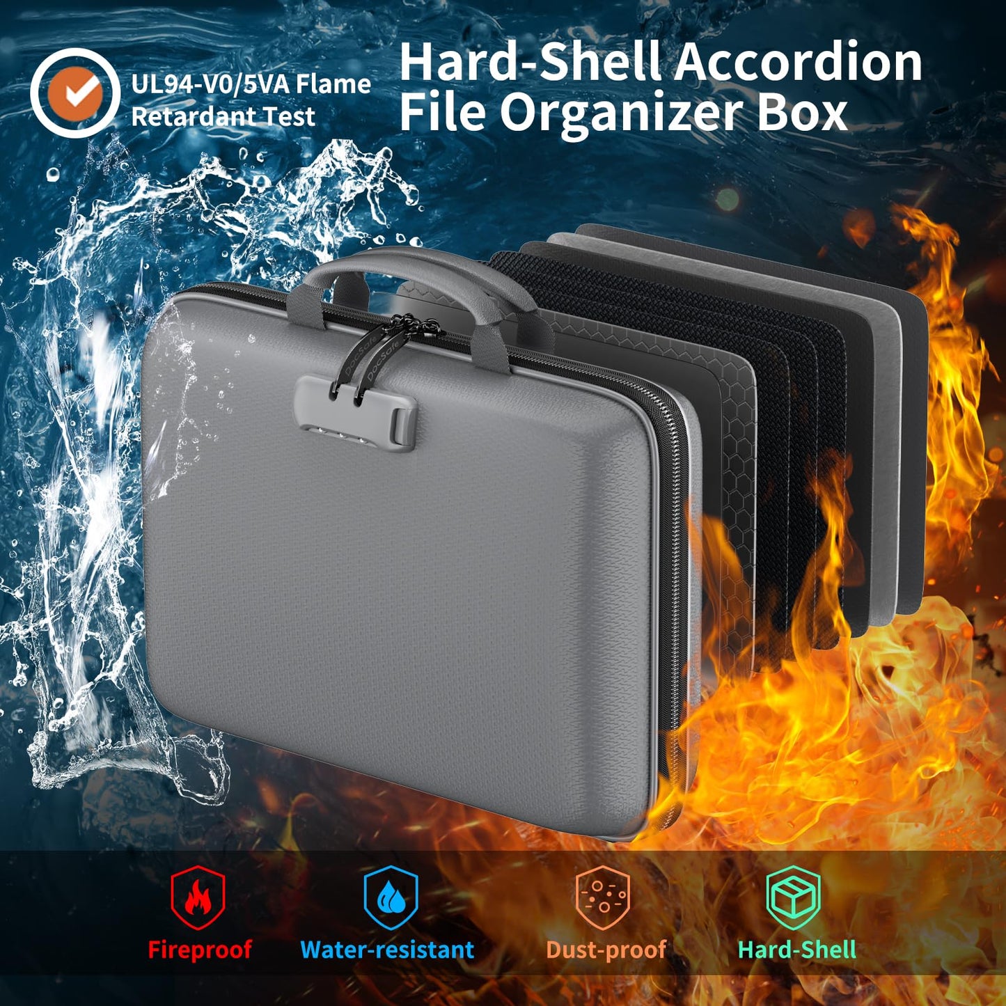 DocSafe Fireproof File Organizer with Lock, Hard-Shell Case Fireproof Document Box with 13 Pocket