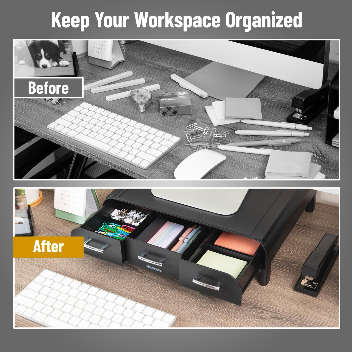 Mind Reader Monitor Stand, 3 Storage Drawers, Desktop Organizer, Riser, Office, 13.5"L x 13"W x