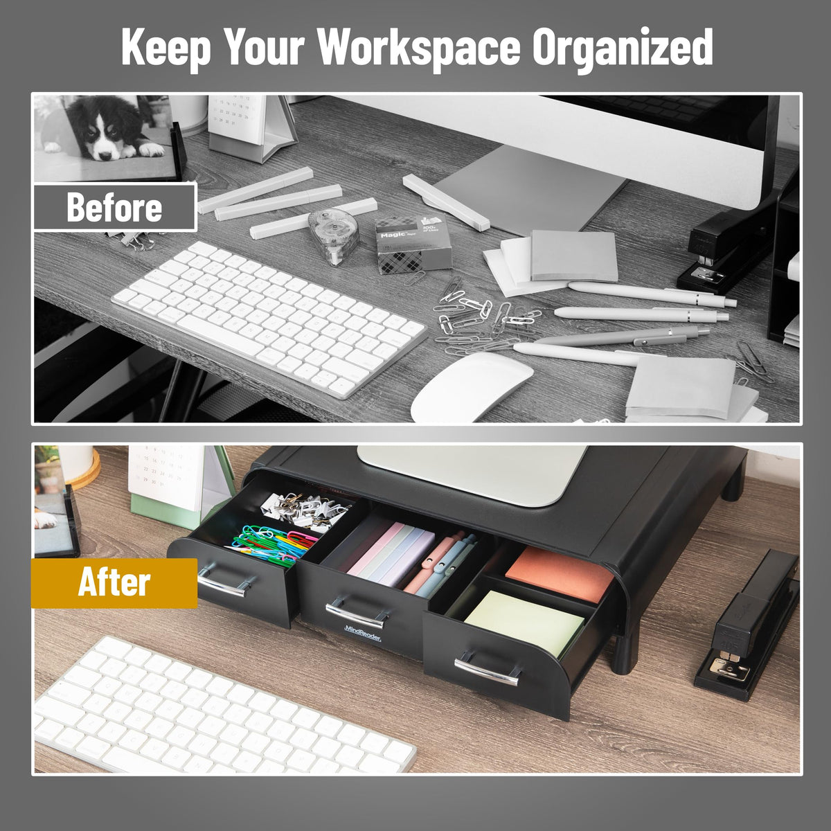 Mind Reader Monitor Stand, 3 Storage Drawers, Desktop Organizer, Riser, Office, 13.5"L x 13"W x