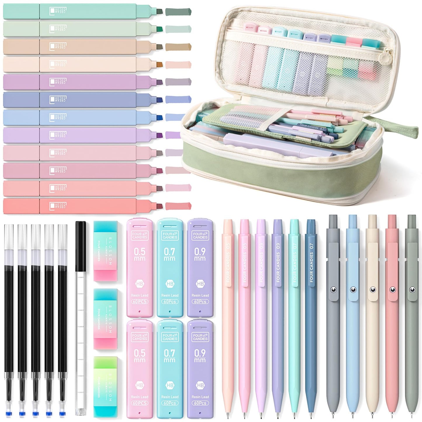 Four Candies School Supplies with Cute Pencil Case, 39ct, Green