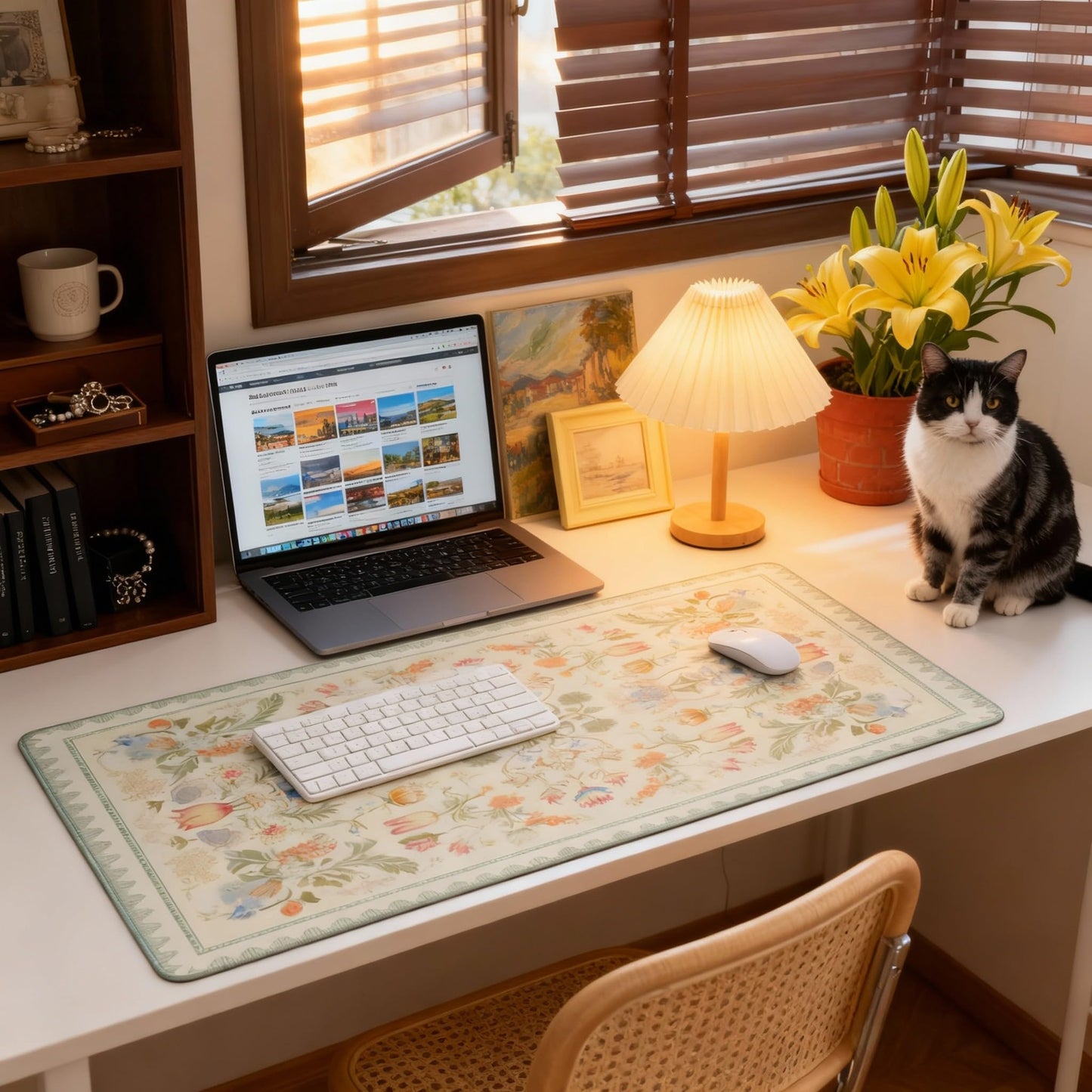 Sage Green Floral XXL Desk Mat - Cute Large Mouse Pad with Stitched Edges & Anti-Slip Base for