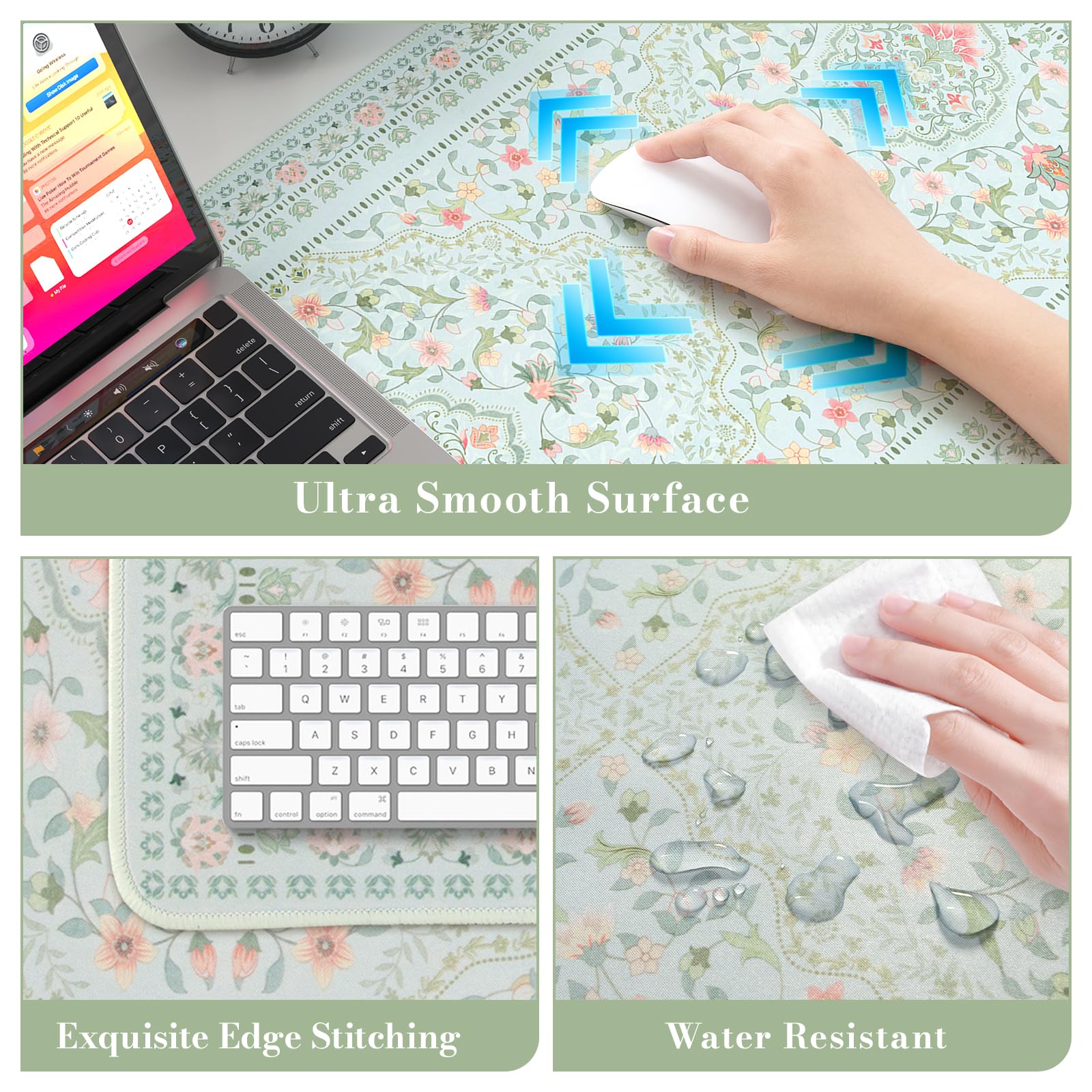 HAOCOO Light Green Floral Desk Pad, 35.4" x 15.7" Mousepad for Home Decor