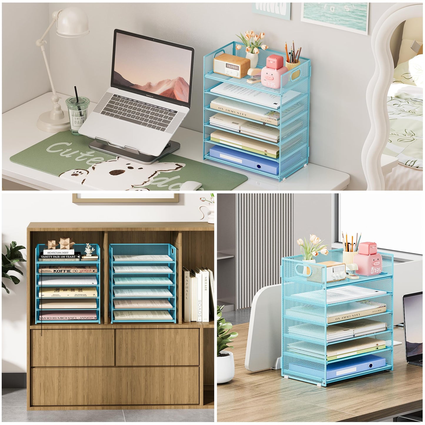 Subekyu 6 Tier Office File Paper Desk Tray Organizer with Handle, Stackable Slide Mesh Letter Tray